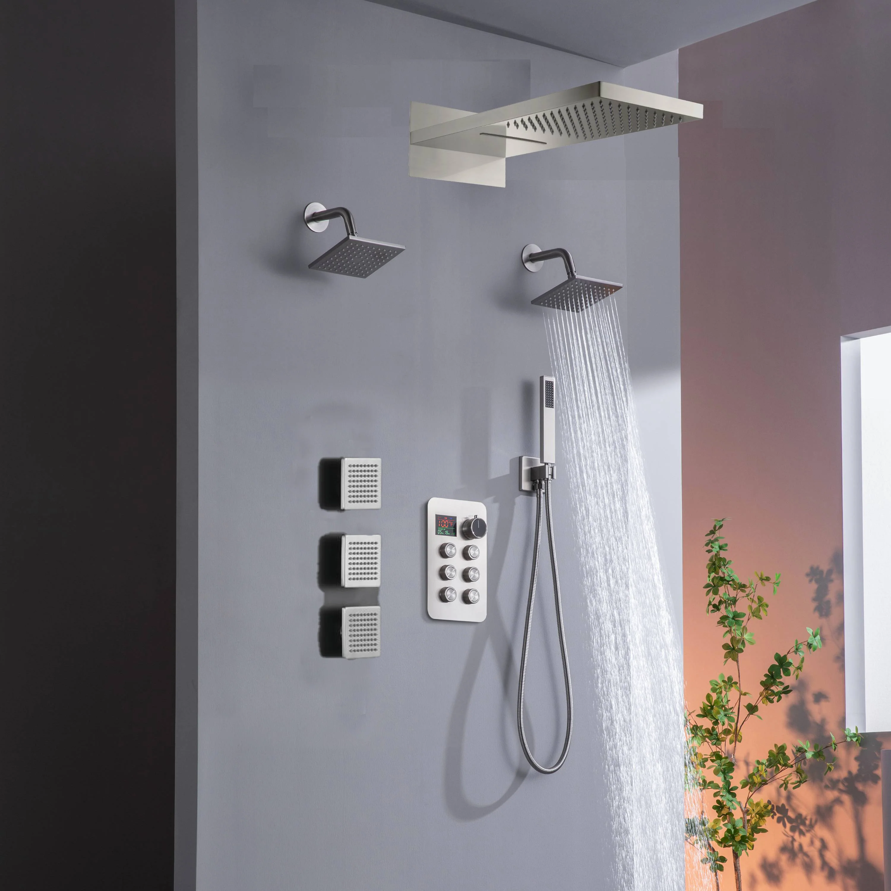 22" Rainfall Waterfall Shower System with 6-Way Thermostatic Faucet, Dual Regular Head, Body Jets - Image 11