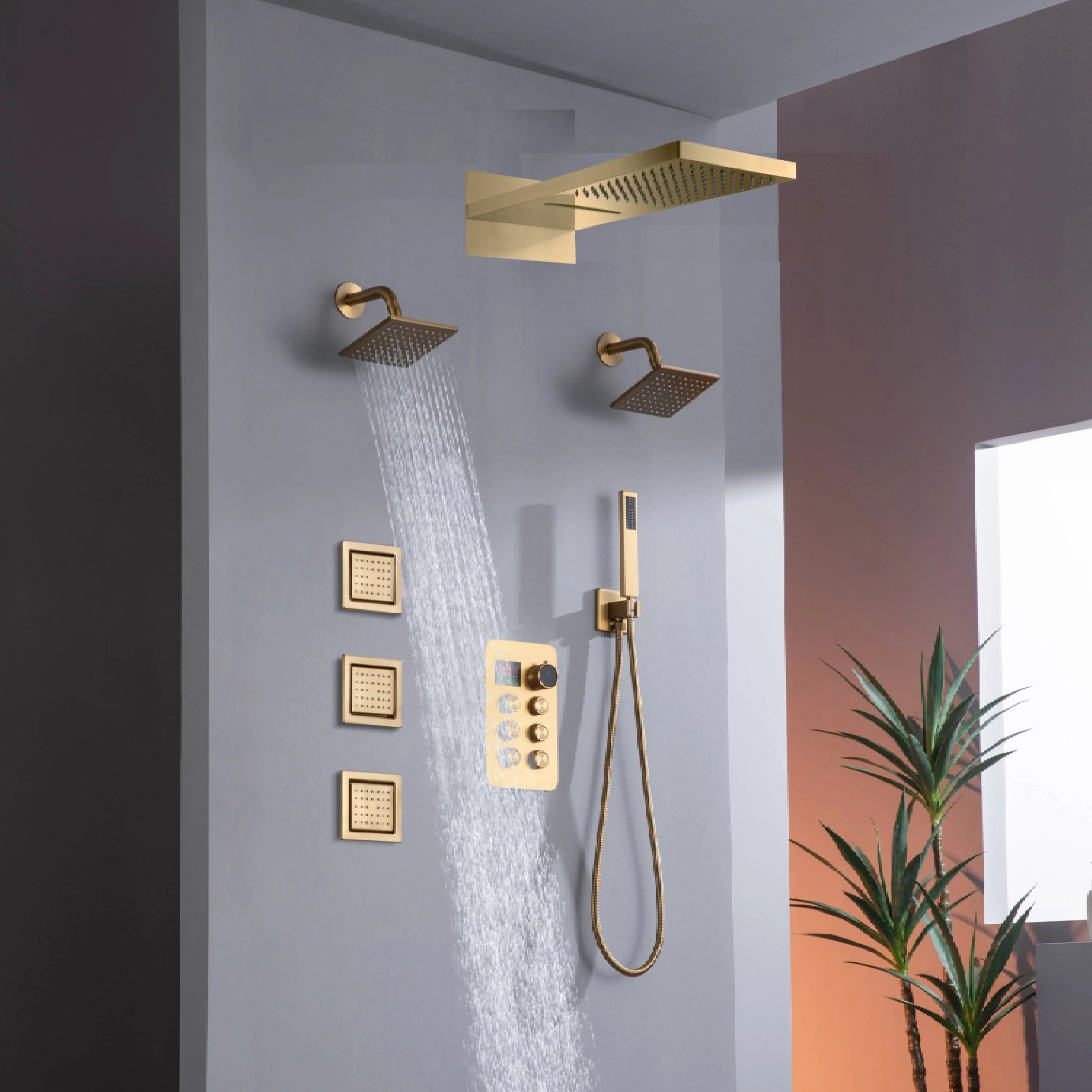 22" Rainfall Waterfall Shower System with 6-Way Thermostatic Faucet, Dual Regular Head, Body Jets - Image 13