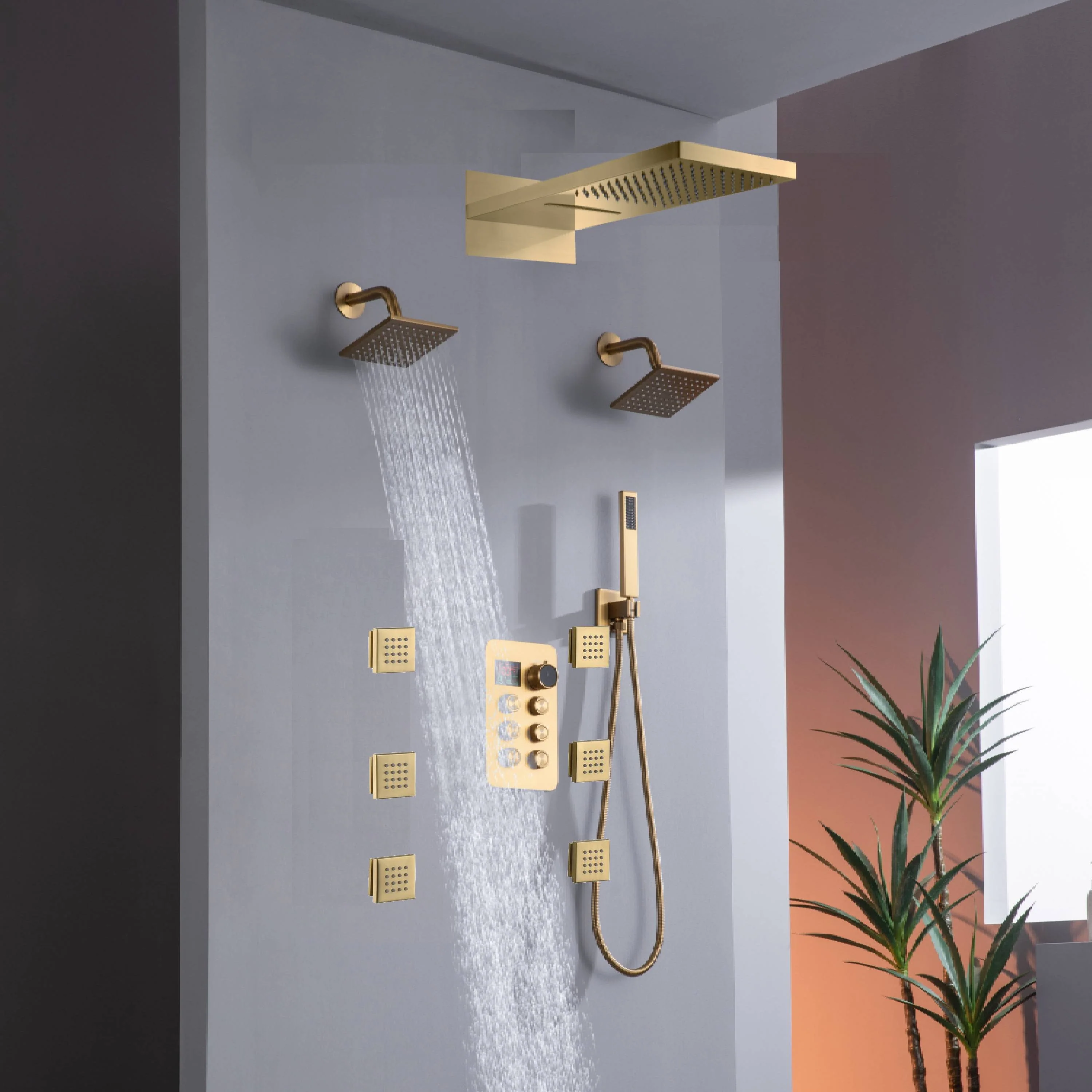 22" Rainfall Waterfall Shower System with 6-Way Thermostatic Faucet, Dual Regular Head, Body Jets - Image 14