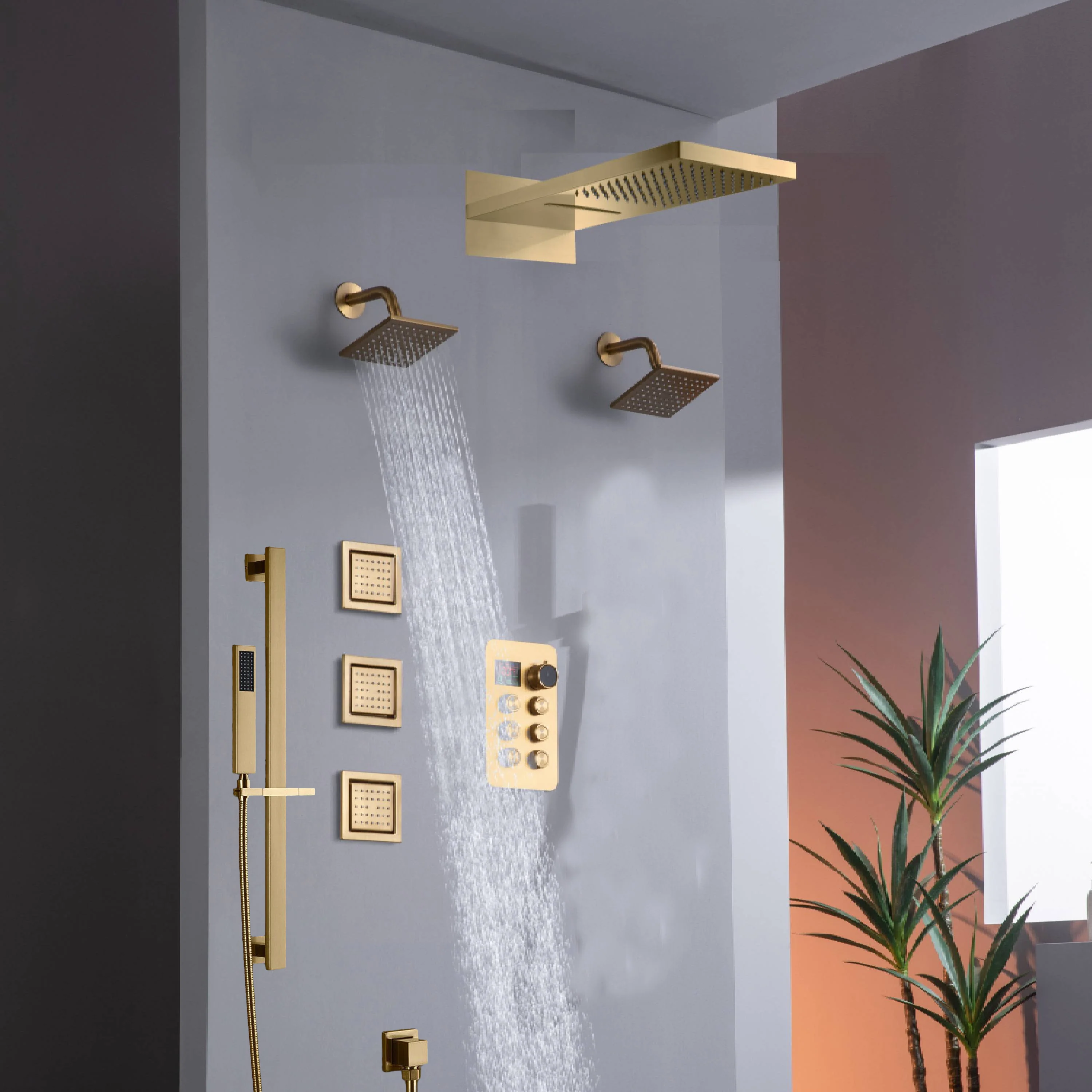 22" Rainfall Waterfall Shower System with 6-Way Thermostatic Faucet, Dual Regular Head, Body Jets - Image 15