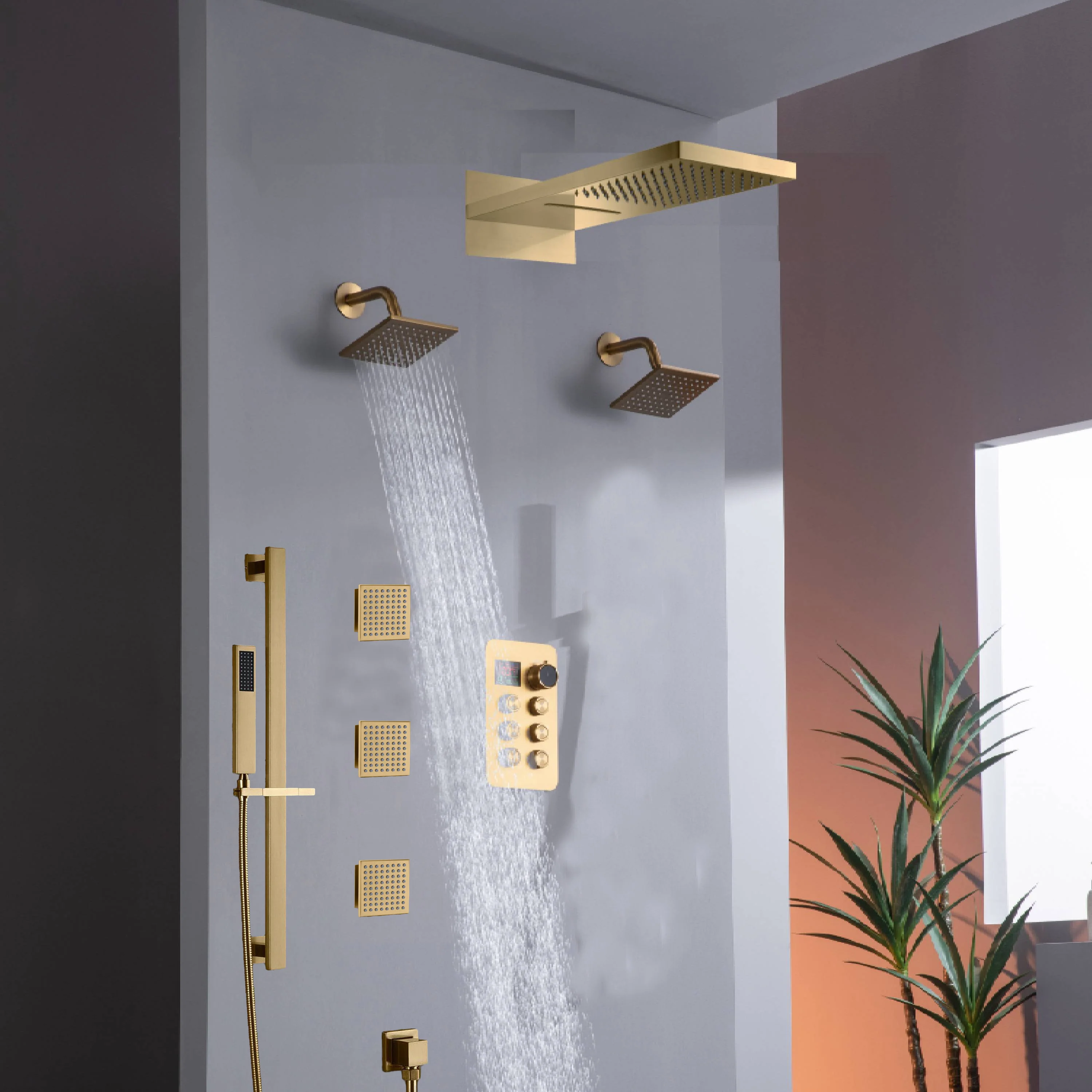 22" Rainfall Waterfall Shower System with 6-Way Thermostatic Faucet, Dual Regular Head, Body Jets - Image 16