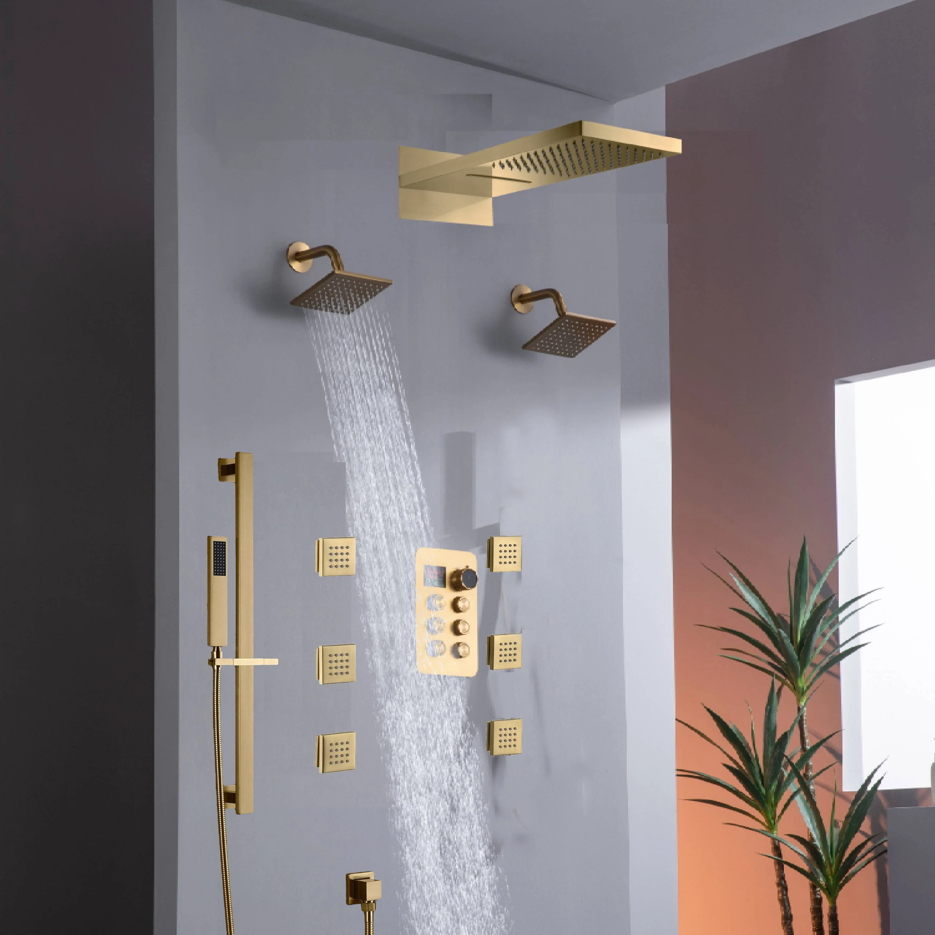 22" Rainfall Waterfall Shower System with 6-Way Thermostatic Faucet, Dual Regular Head, Body Jets - Image 18