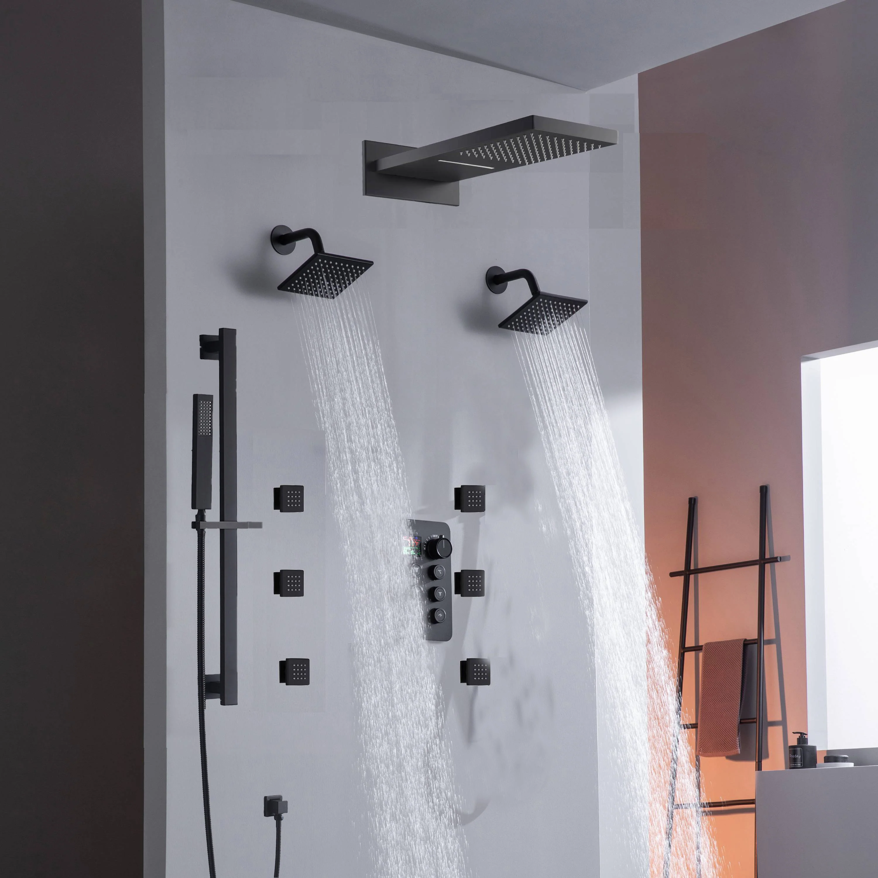 22" Rainfall Waterfall Shower System with 6-Way Thermostatic Faucet, Dual Regular Head, Body Jets - Image 3
