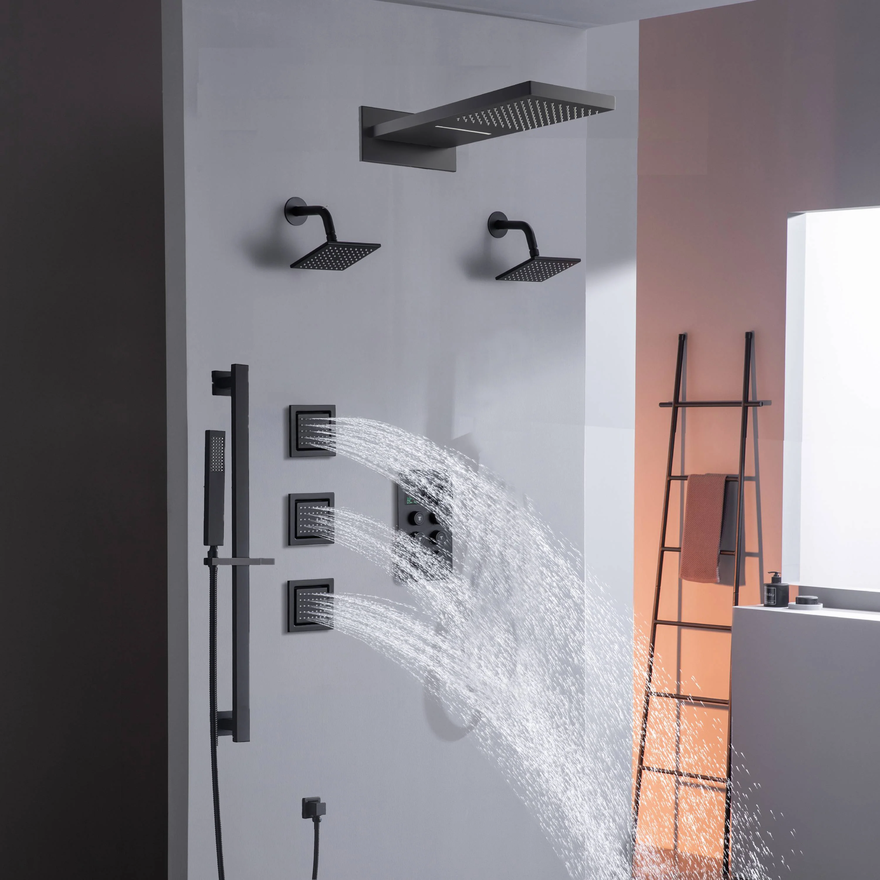 22" Rainfall Waterfall Shower System with 6-Way Thermostatic Faucet, Dual Regular Head, Body Jets - Image 4