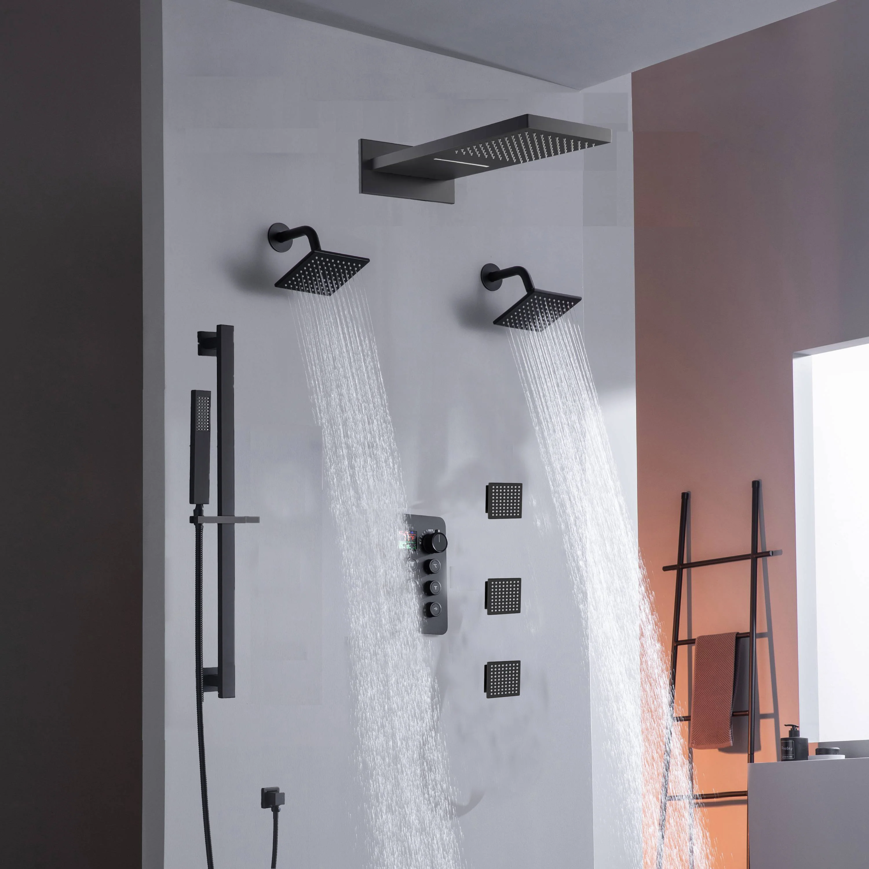 22" Rainfall Waterfall Shower System with 6-Way Thermostatic Faucet, Dual Regular Head, Body Jets - Image 5