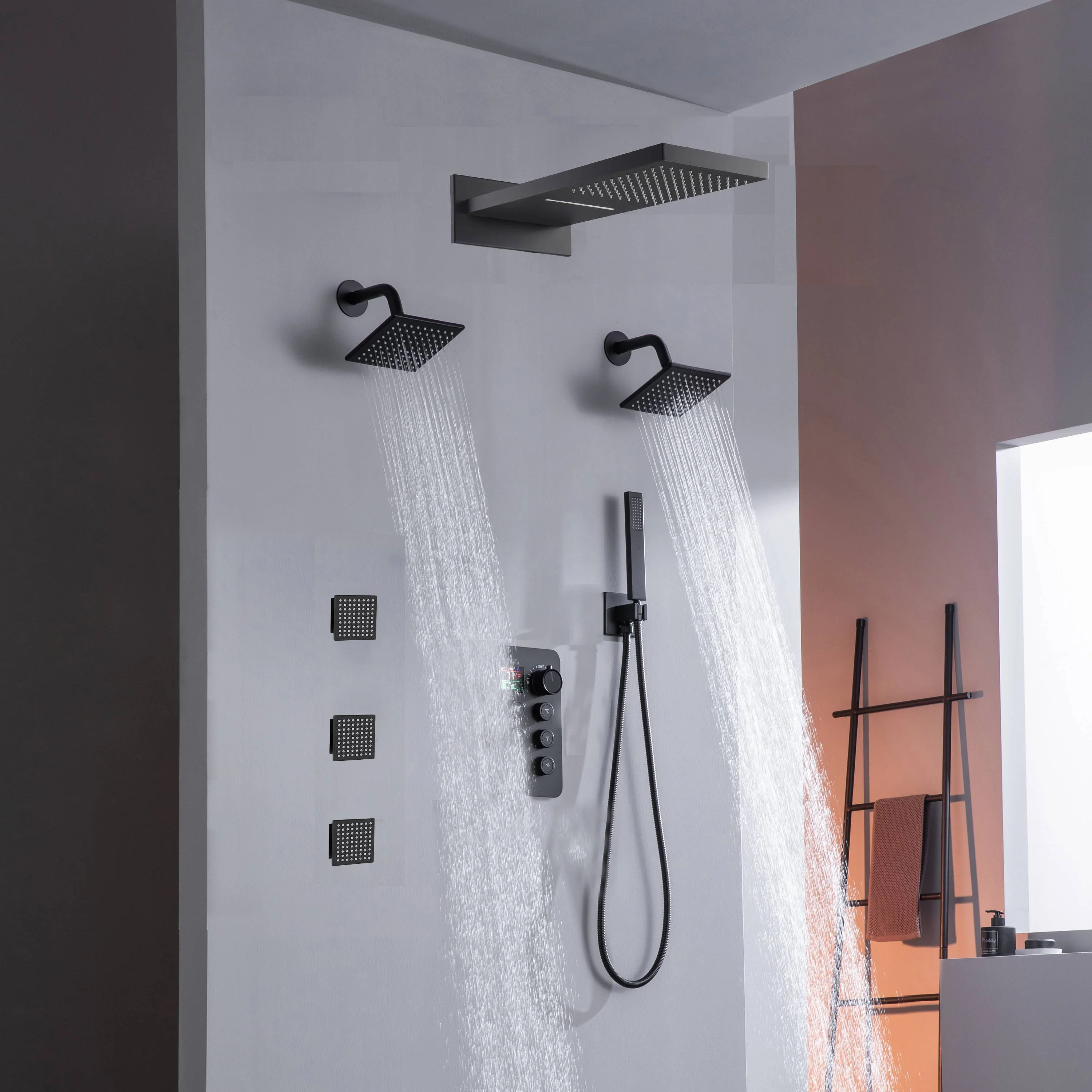 22" Rainfall Waterfall Shower System with 6-Way Thermostatic Faucet, Dual Regular Head, Body Jets - Image 6