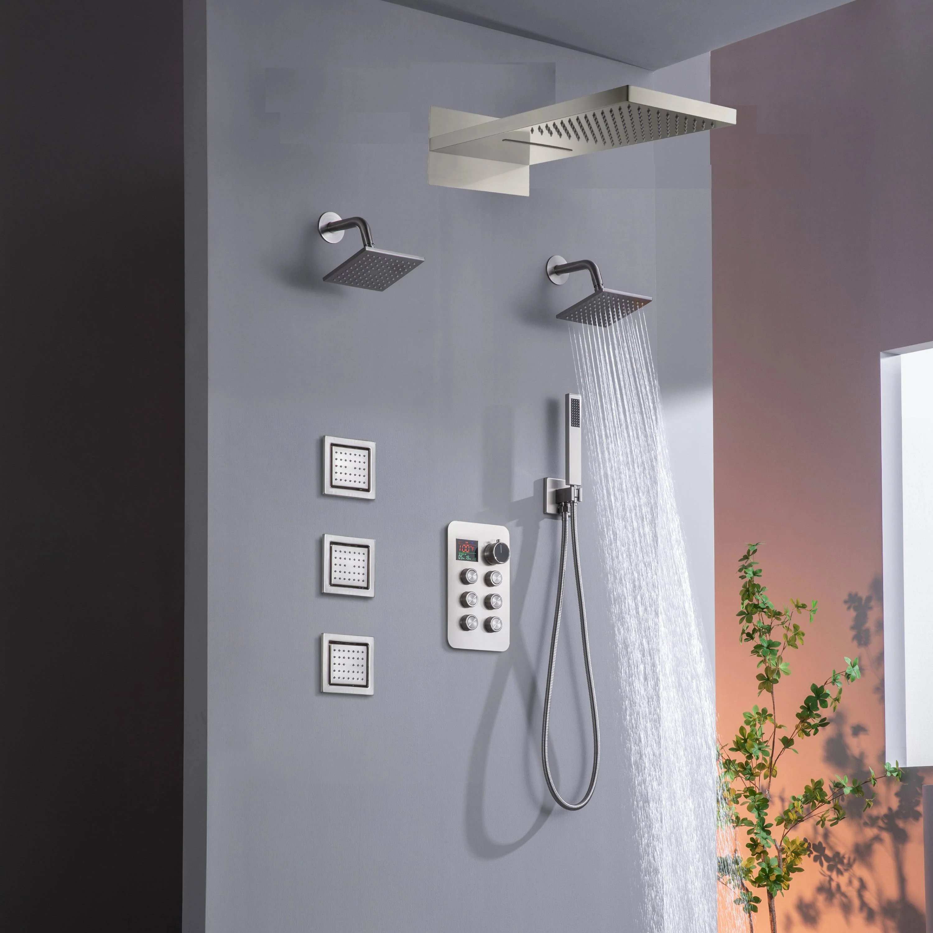 22" Rainfall Waterfall Shower System with 6-Way Thermostatic Faucet, Dual Regular Head, Body Jets - Image 7