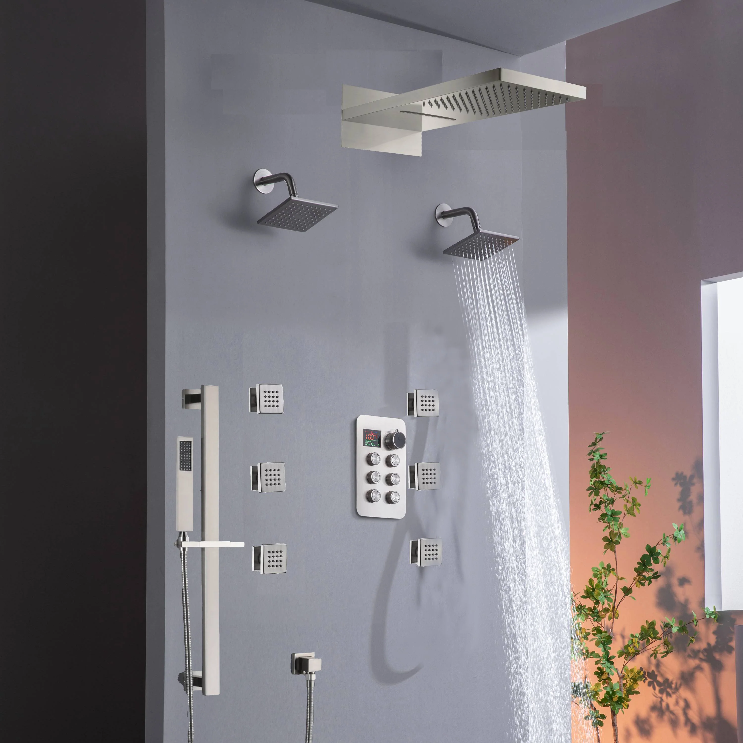 22" Rainfall Waterfall Shower System with 6-Way Thermostatic Faucet, Dual Regular Head, Body Jets - Image 9