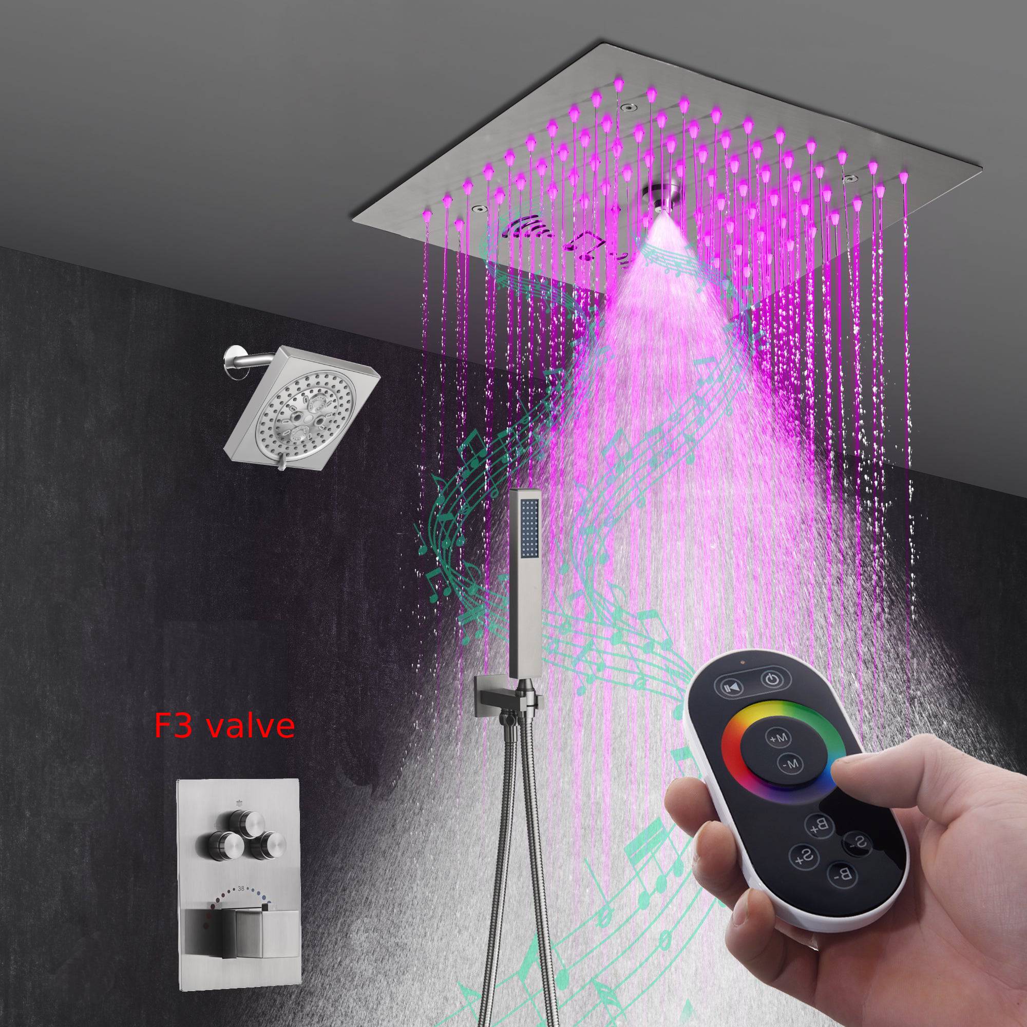 12" Brushed Nickel Thermostatic Shower Faucet: 3-Way Control, LED, Bluetooth Music, Regular Head - Image 11