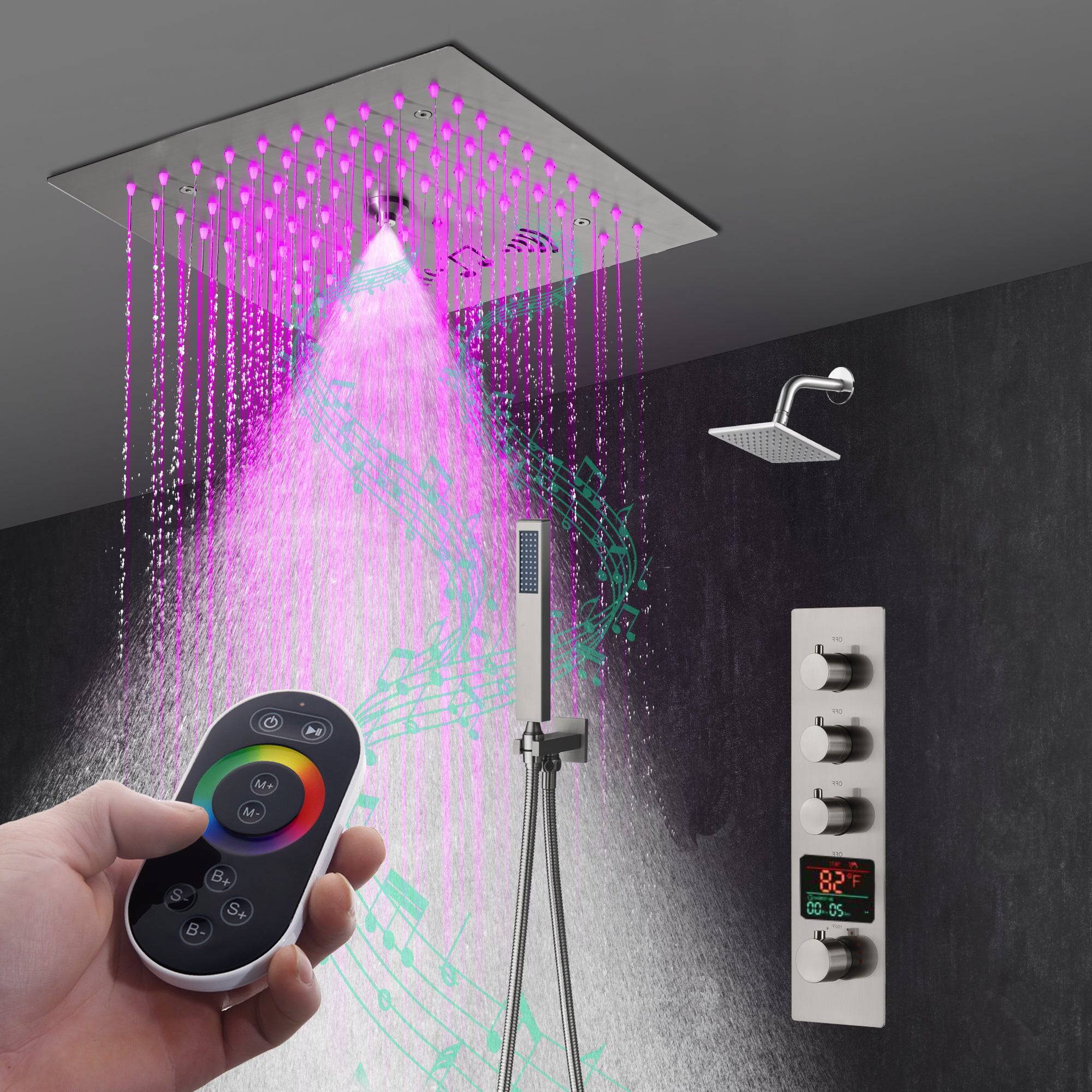 12" Brushed Nickel Thermostatic Shower Faucet: 3-Way Control, LED, Bluetooth Music, Regular Head - Image 12