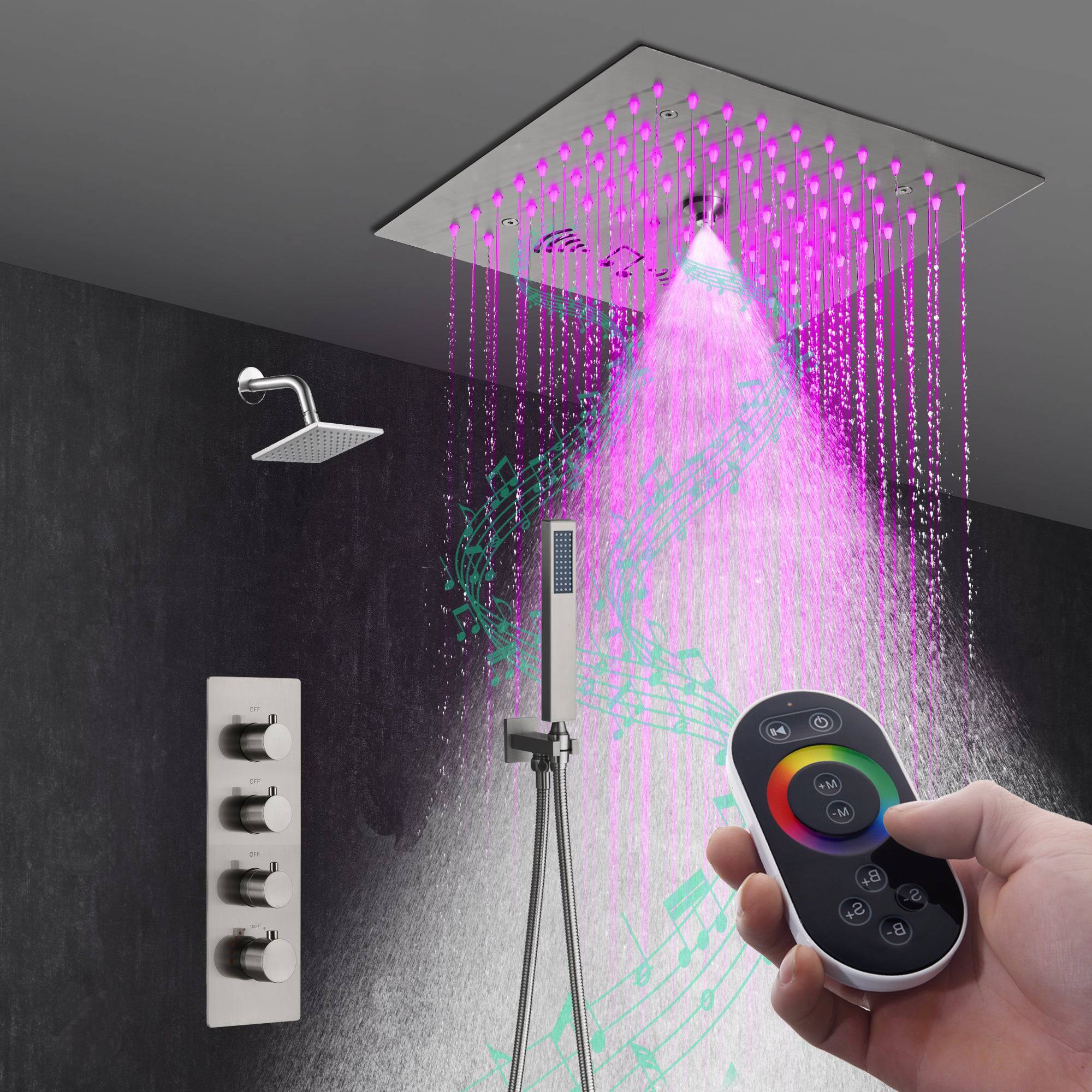 12" Brushed Nickel Thermostatic Shower Faucet: 3-Way Control, LED, Bluetooth Music, Regular Head - Image 3