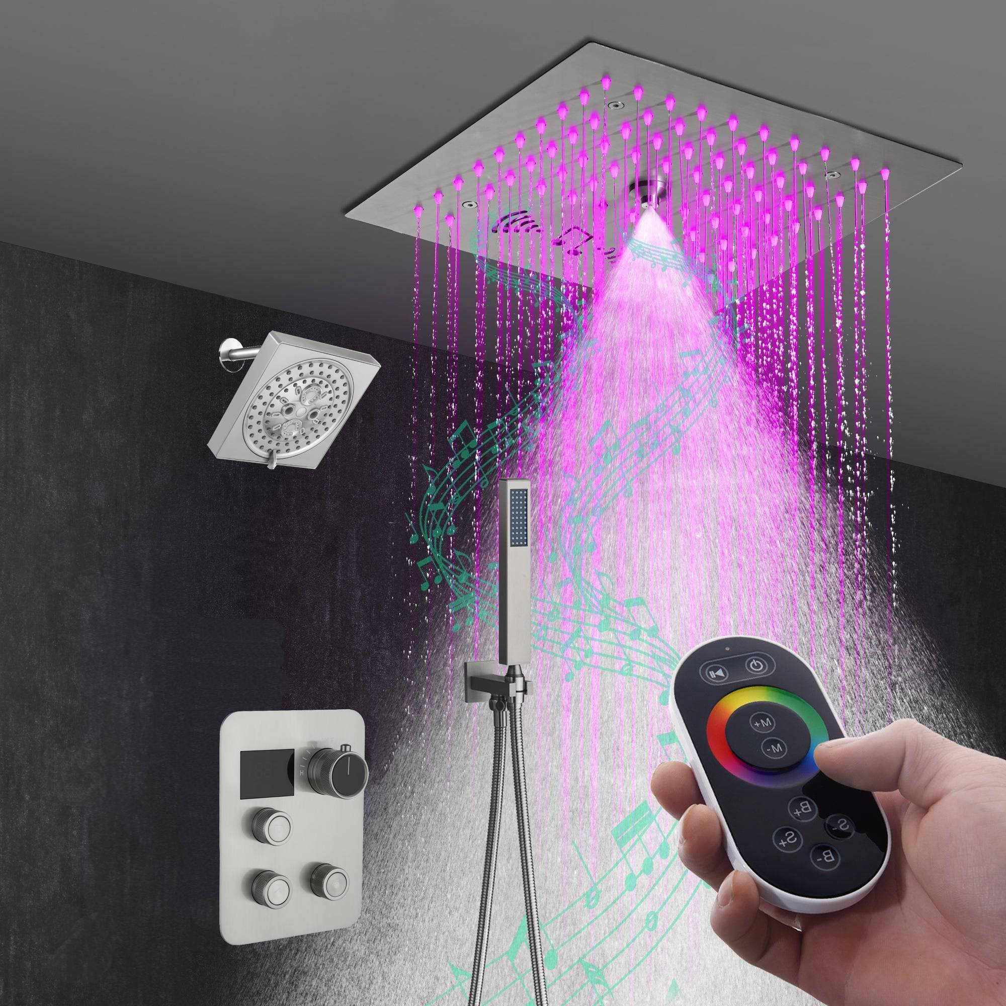 12" Brushed Nickel Thermostatic Shower Faucet: 3-Way Control, LED, Bluetooth Music, Regular Head - Image 5