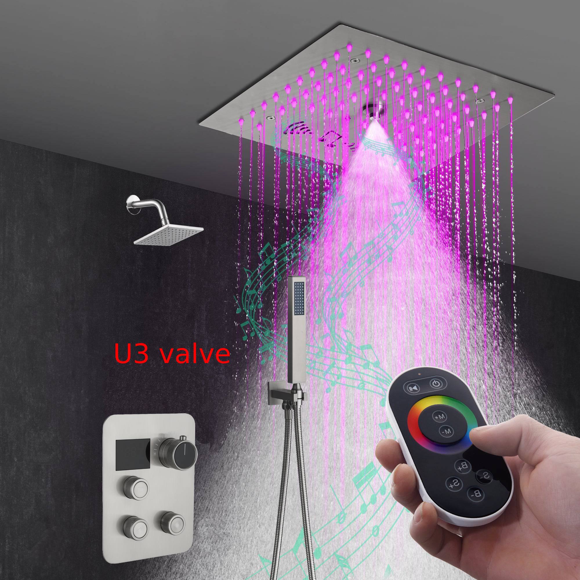 12" Brushed Nickel Thermostatic Shower Faucet: 3-Way Control, LED, Bluetooth Music, Regular Head - Image 7