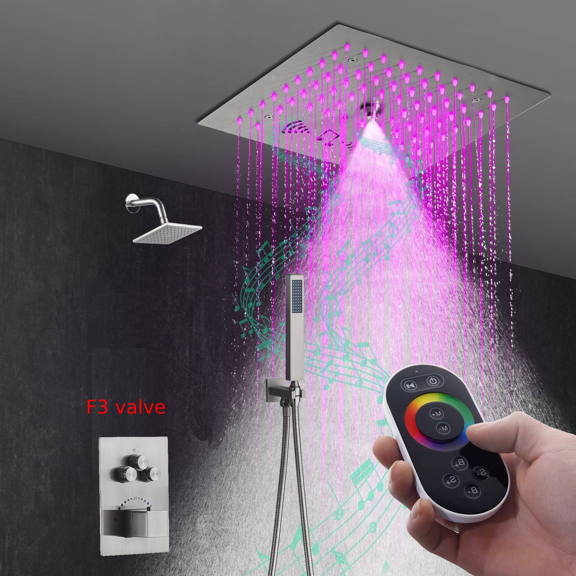 12" Brushed Nickel Thermostatic Shower Faucet: 3-Way Control, LED, Bluetooth Music, Regular Head - Image 8