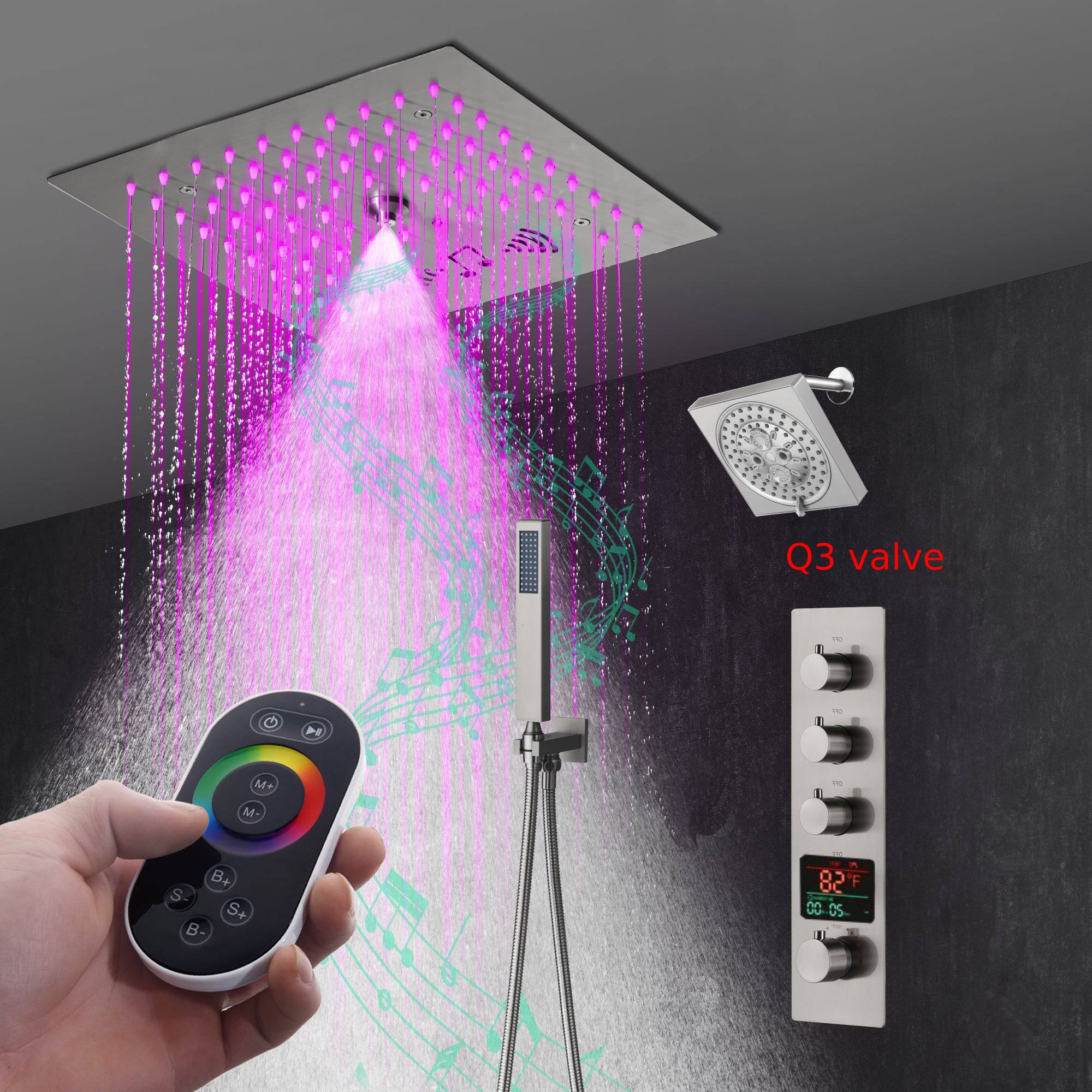 12" Brushed Nickel Thermostatic Shower Faucet: 3-Way Control, LED, Bluetooth Music, Regular Head - Image 9