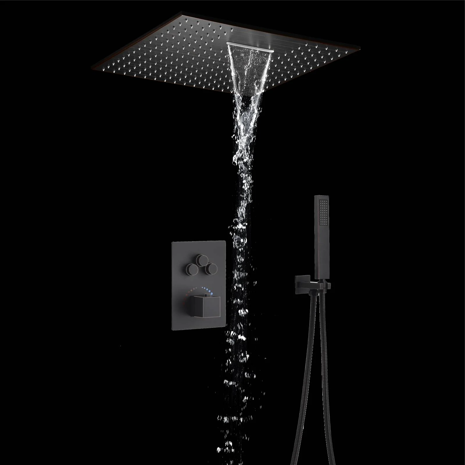 20-inch Rainfall Waterfall Light Ceiling Mounted Oil Rubbed Bronze 3-Way Thermostatic Shower Faucet System - Image 2