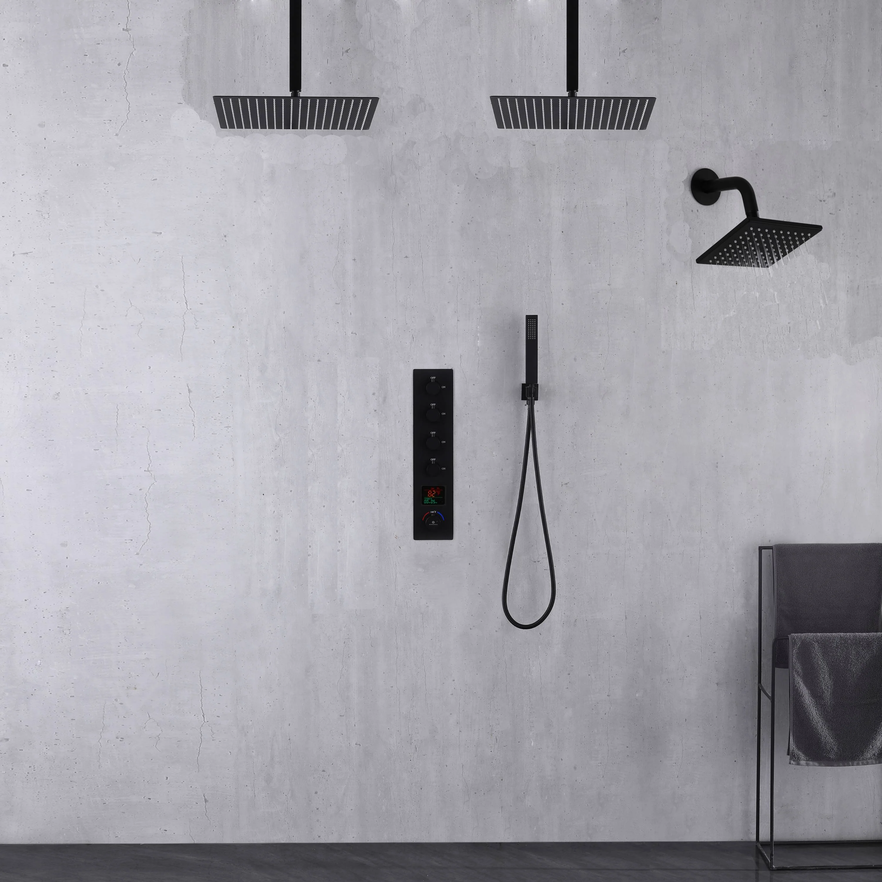 Ceiling Mounted Matte Black 4-Way Digital Thermostatic Shower Faucet with 6-Inch Regular Head, and Dual Rainheads 12-Inch or 16-Inch Size Options