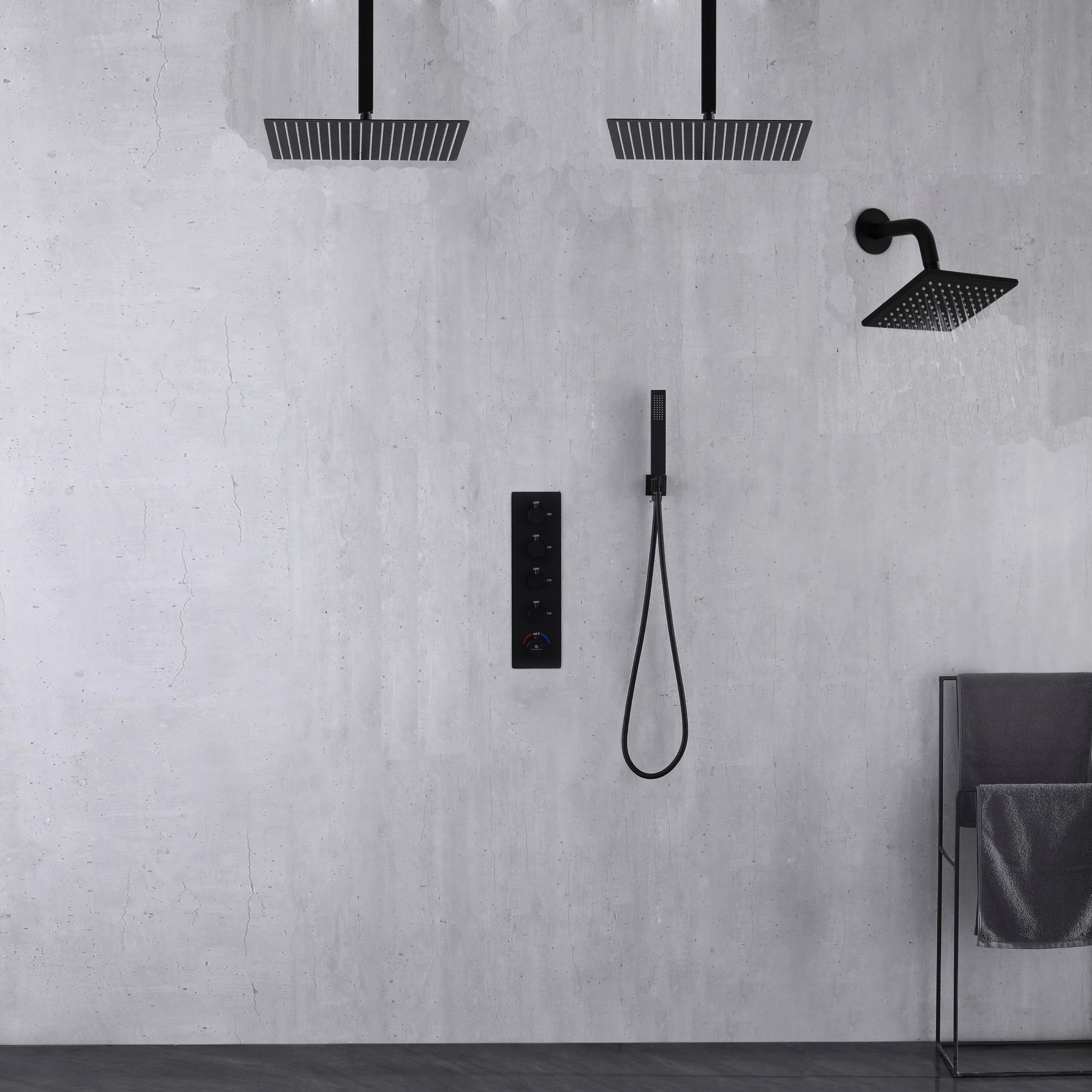 Ceiling Mounted Matte Black 4-Way Digital Thermostatic Shower Faucet with 6-Inch Regular Head, and Dual Rainheads 12-Inch or 16-Inch Size Options - Image 2