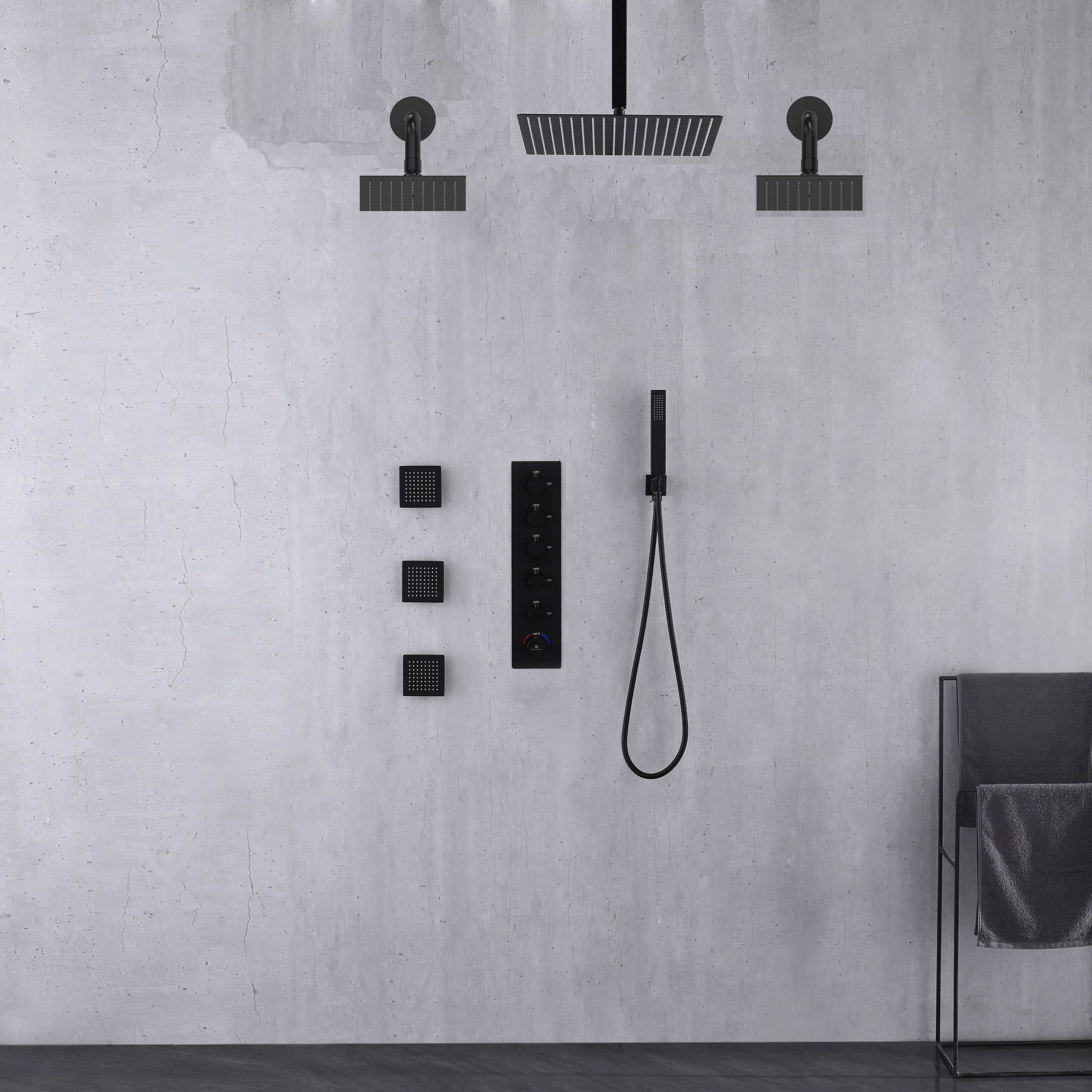 Matte Black Rainfall Shower System: 12" or 16" with 5-Way Thermostatic Valve, Body Jets