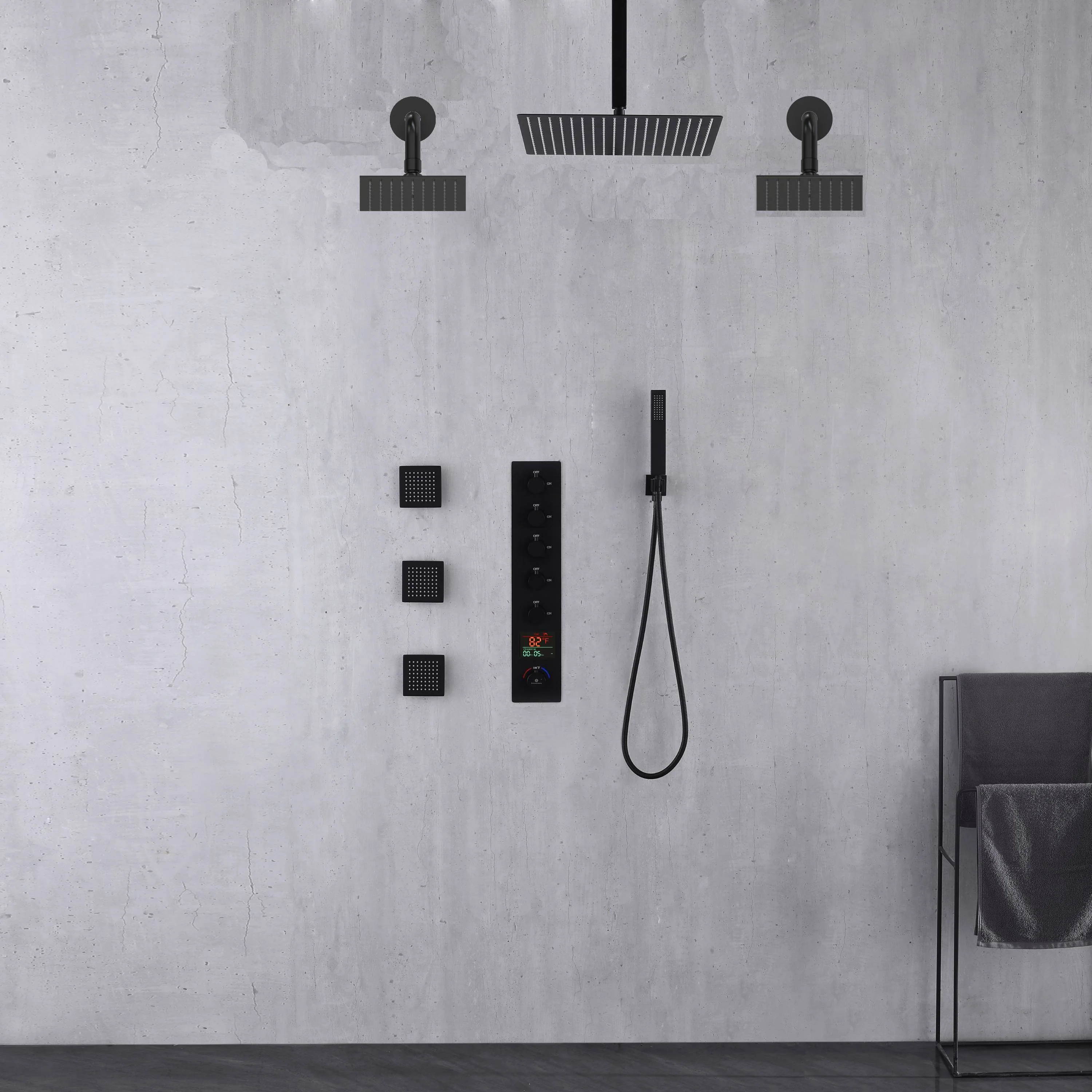 Matte Black Rainfall Shower System: 12" or 16" with 5-Way Thermostatic Valve, Body Jets - Image 2