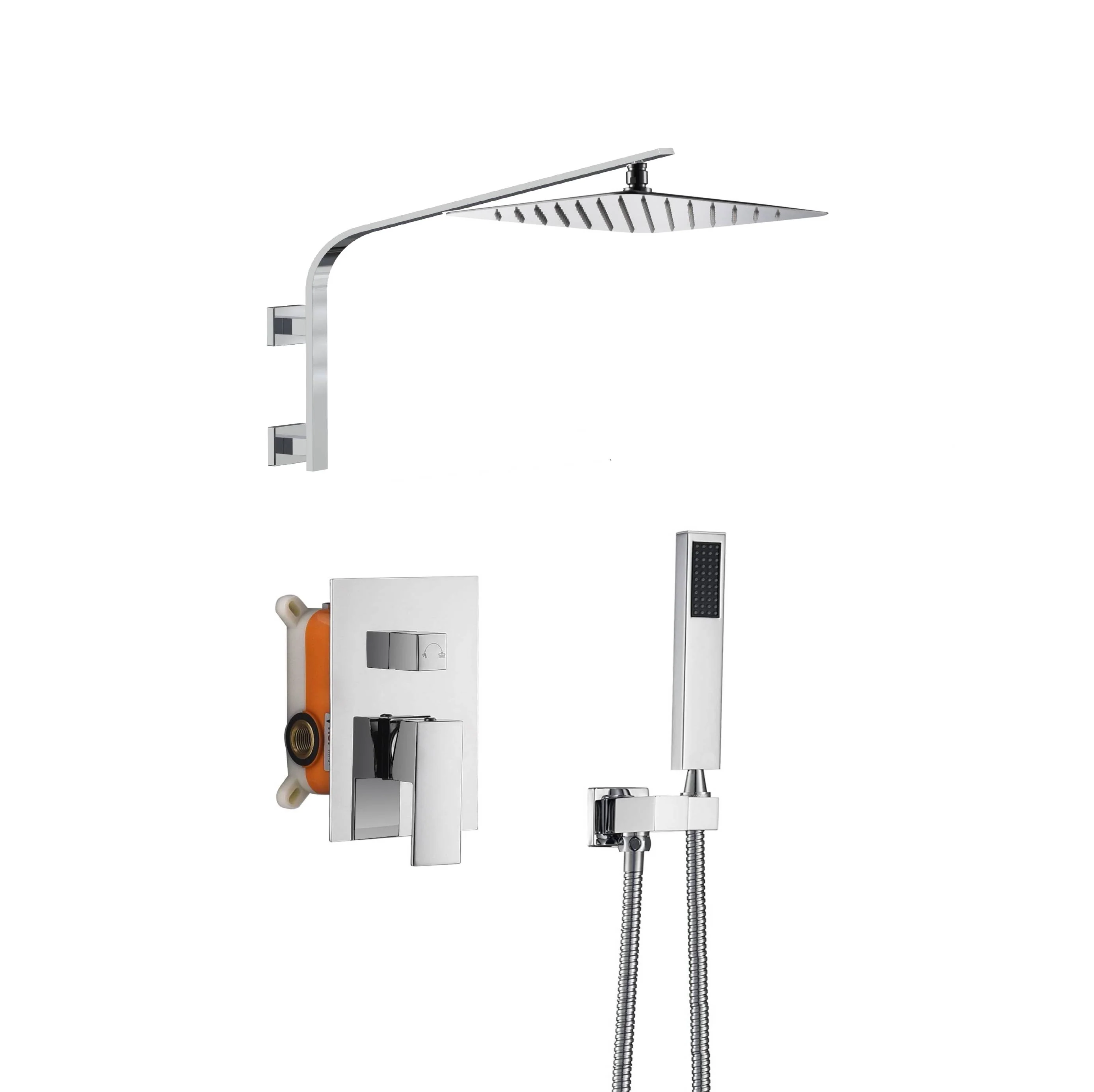 12-Inch Rain Head Big Arc Wall Mount Chrome Shower System - Single or Two Function Rough-In Valve with Trim - Image 3