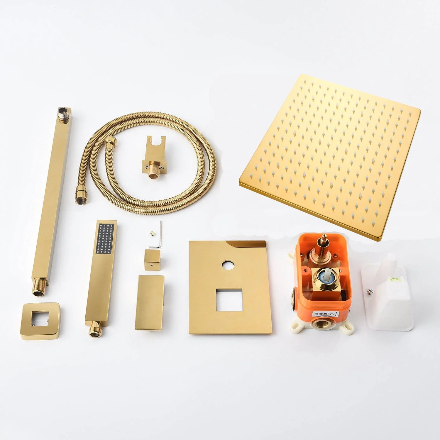 Polished Gold Wall-Mounted Shower Faucet Set with Rainfall Head - Available in 12 or 16-Inch with Optional LED Light - Image 10