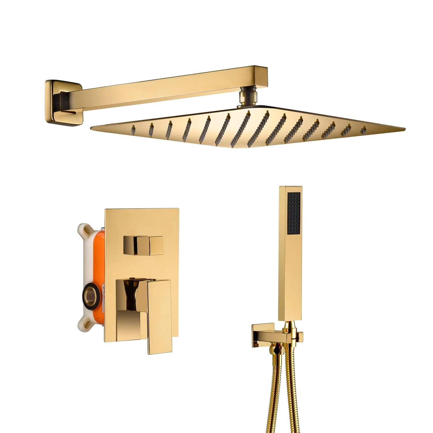 Polished Gold Wall-Mounted Shower Faucet Set with Rainfall Head - Available in 12 or 16-Inch with Optional LED Light - Image 3