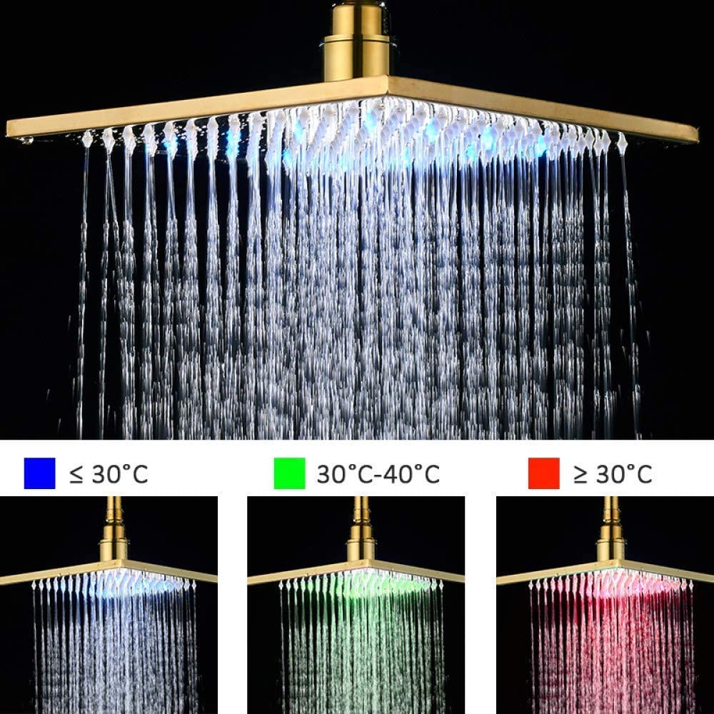 Polished Gold Wall-Mounted Shower Faucet Set with Rainfall Head - Available in 12 or 16-Inch with Optional LED Light - Image 8