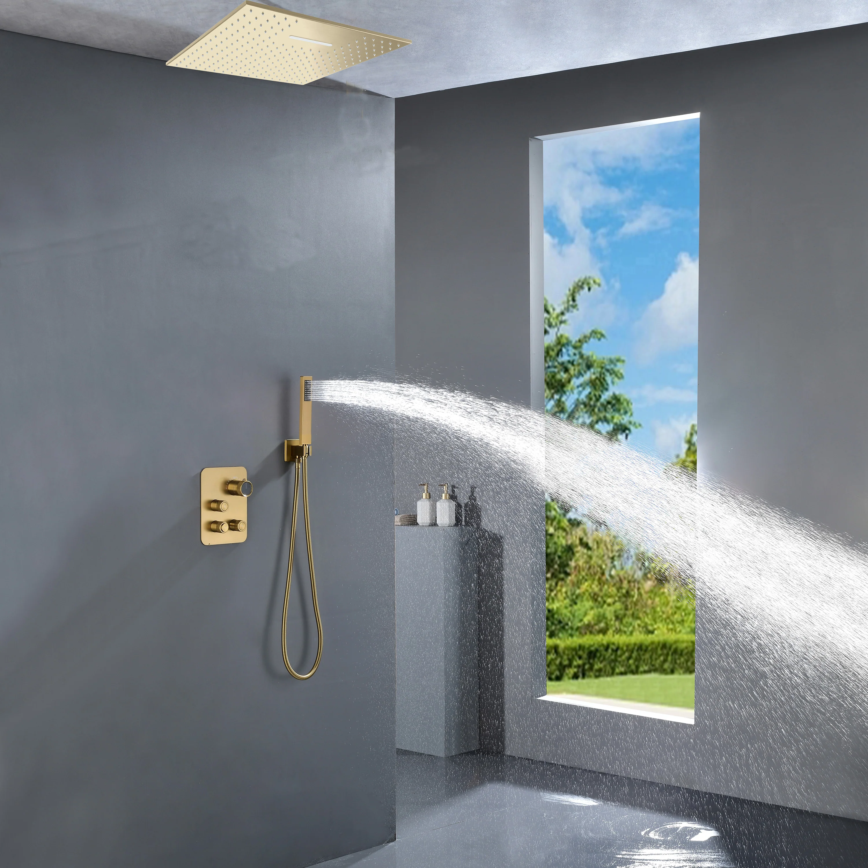20'' or 24'' Rainfall Waterfall Brushed Gold Ceiling-Mounted 3-Way Thermostatic Shower System, 4 valve Opitions - Image 2