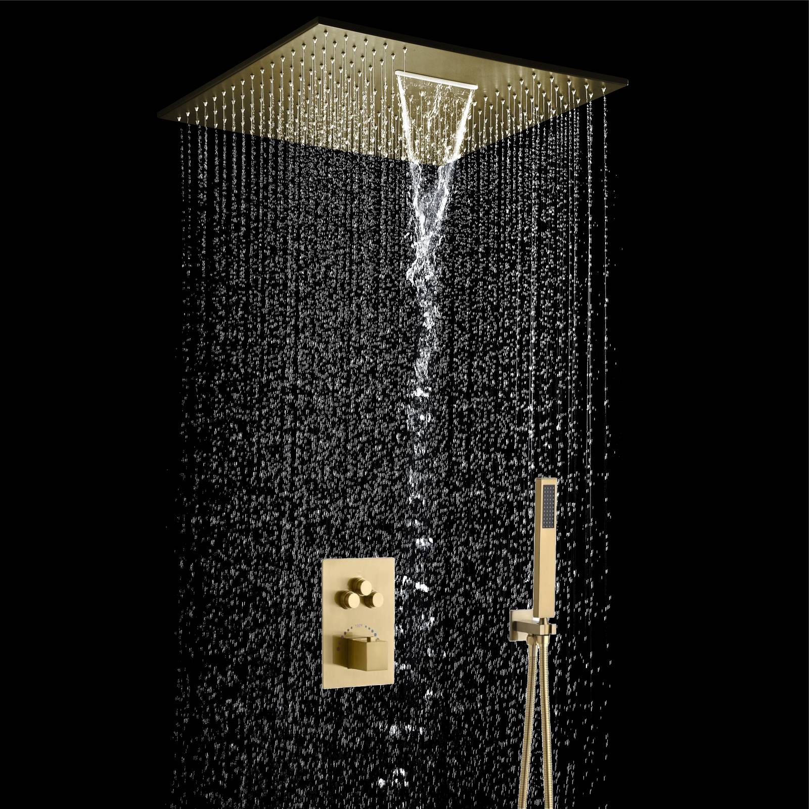 20'' or 24'' Rainfall Waterfall Brushed Gold Ceiling-Mounted 3-Way Thermostatic Shower System, 4 valve Opitions - Image 3