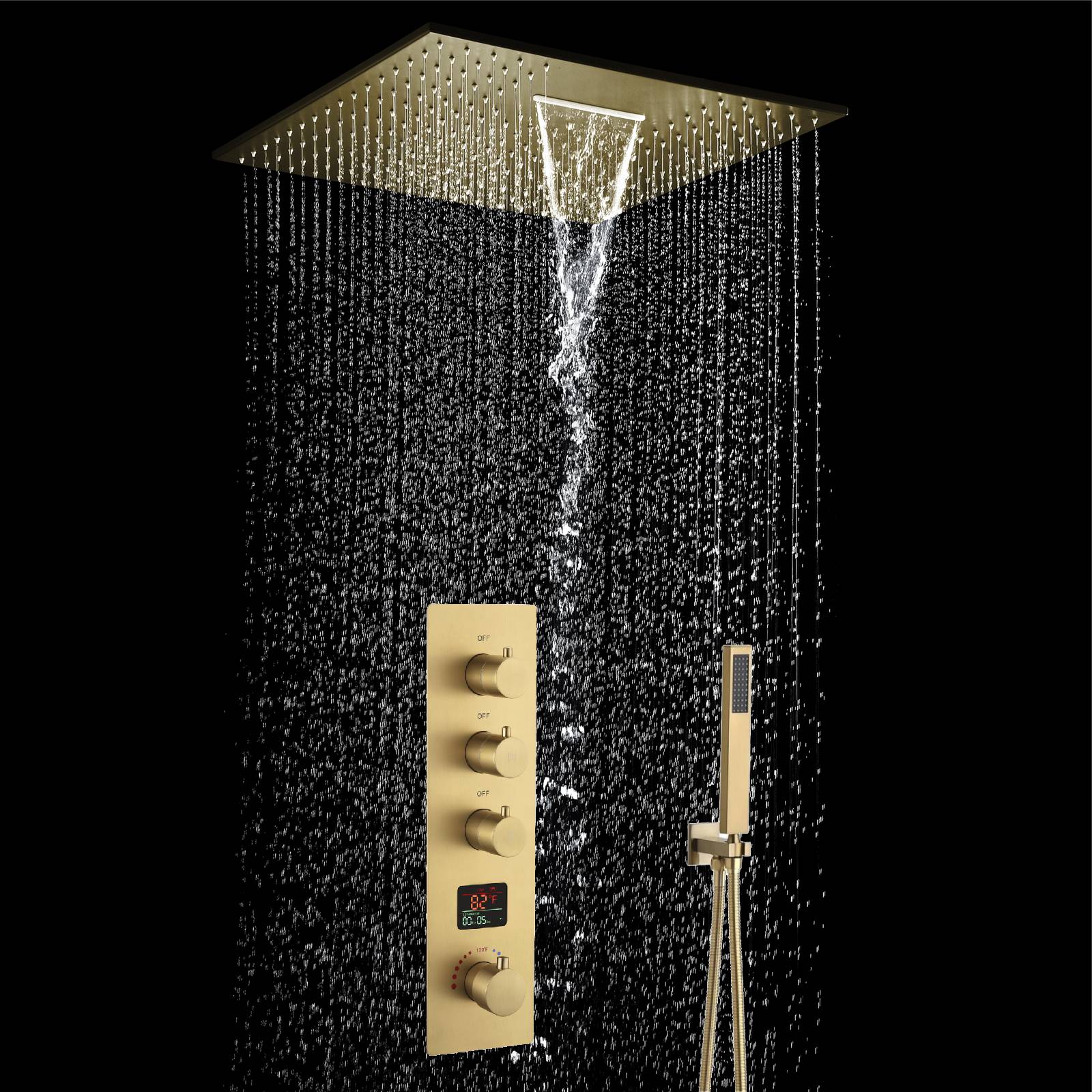 20'' or 24'' Rainfall Waterfall Brushed Gold Ceiling-Mounted 3-Way Thermostatic Shower System, 4 valve Opitions - Image 4