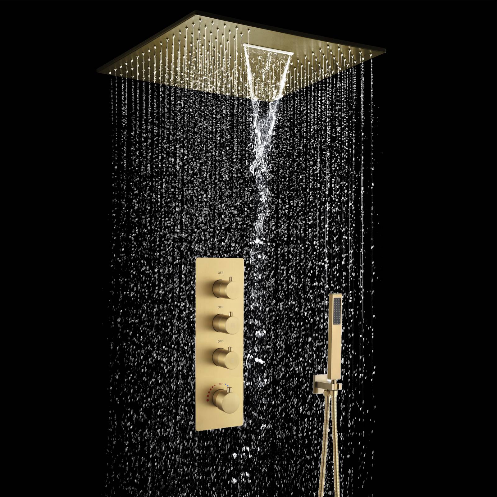 20'' or 24'' Rainfall Waterfall Brushed Gold Ceiling-Mounted 3-Way Thermostatic Shower System, 4 valve Opitions - Image 5
