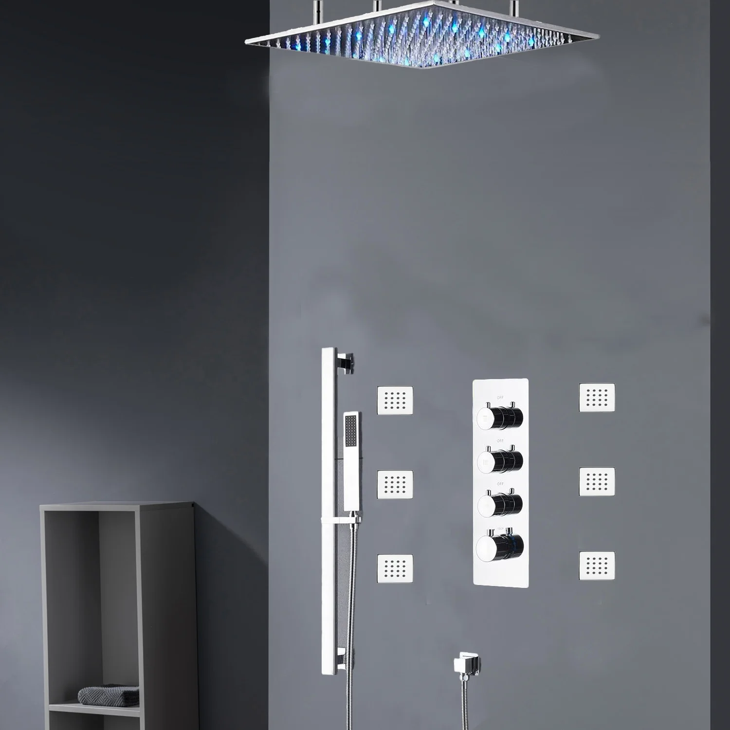 Chrome 20inch Or 24 inch rain head 3 way digital thermostatic shower faucet with 6 body jets and sliding bar - Image 3