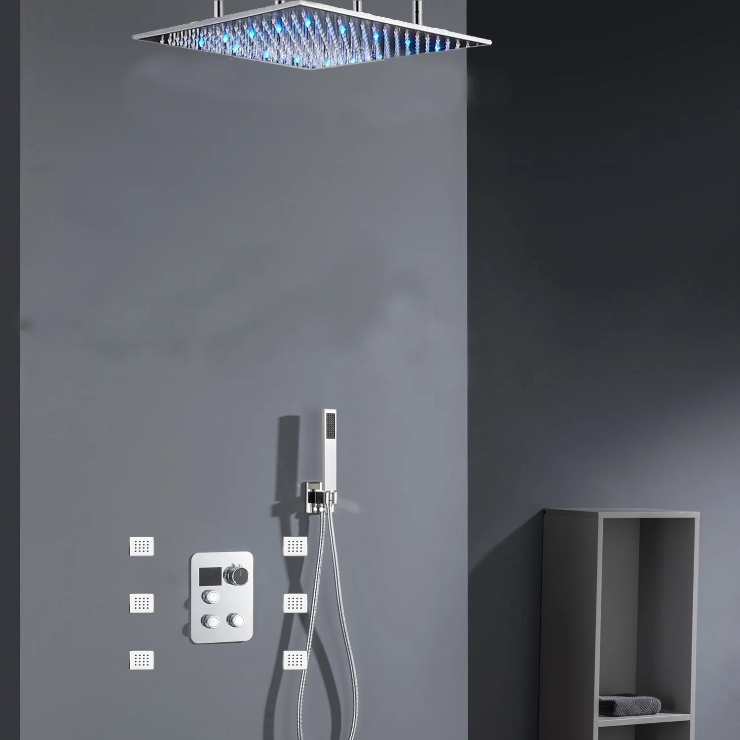 Chrome 20inch Or 24 inch rain head 3 way digital thermostatic shower faucet with 6 body jets and sliding bar - Image 4