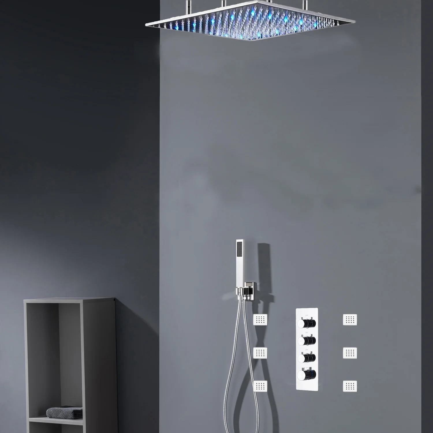 Chrome 20inch Or 24 inch rain head 3 way digital thermostatic shower faucet with 6 body jets and sliding bar - Image 5