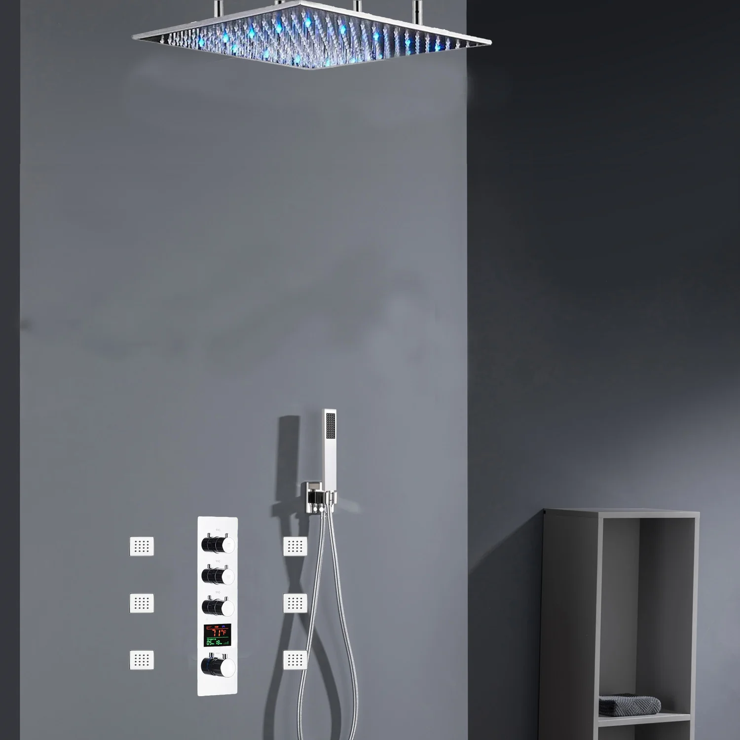 Chrome 20inch Or 24 inch rain head 3 way digital thermostatic shower faucet with 6 body jets and sliding bar - Image 6