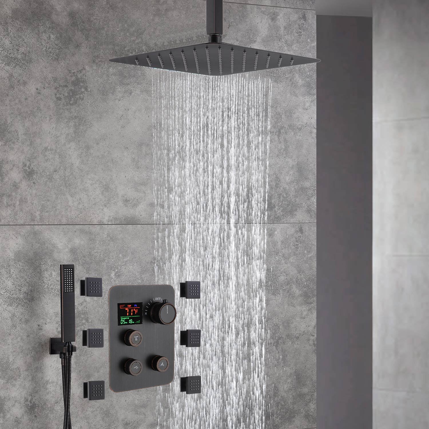 12'' or 16'' Ceiling-Mounted Oil Rubbed Bronze Shower Faucet System with 3-Way Thermostat - LED or Non-LED Options, Includes 6 Body Jets - Image 3