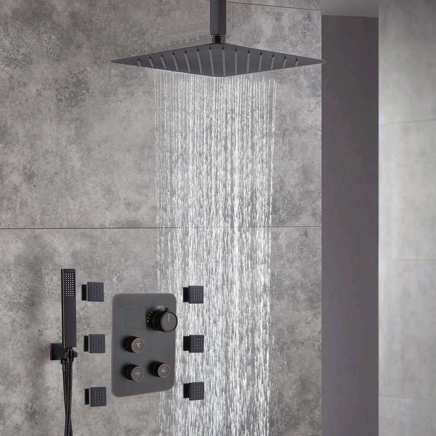 12'' or 16'' Ceiling-Mounted Oil Rubbed Bronze Shower Faucet System with 3-Way Thermostat - LED or Non-LED Options, Includes 6 Body Jets - Image 4