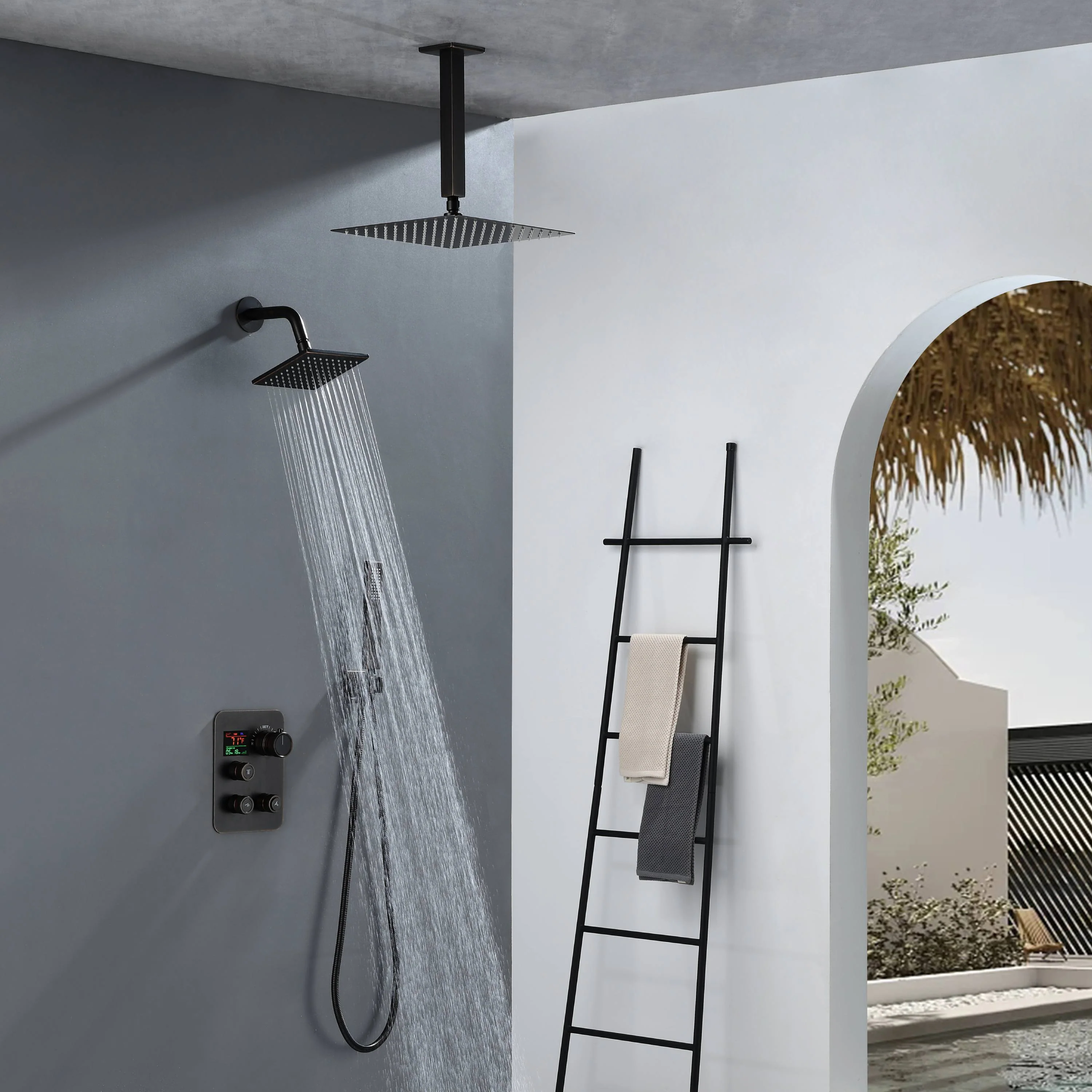 Oil Rubbed Bronze 3-Way Thermostatic Shower Faucet System with Ceiling-Mounted 12-Inch or 16-Inch Non-LED Rainfall Shower Head and Wall-Mounted 6-Inch High Water Pressure Regular Shower Head
