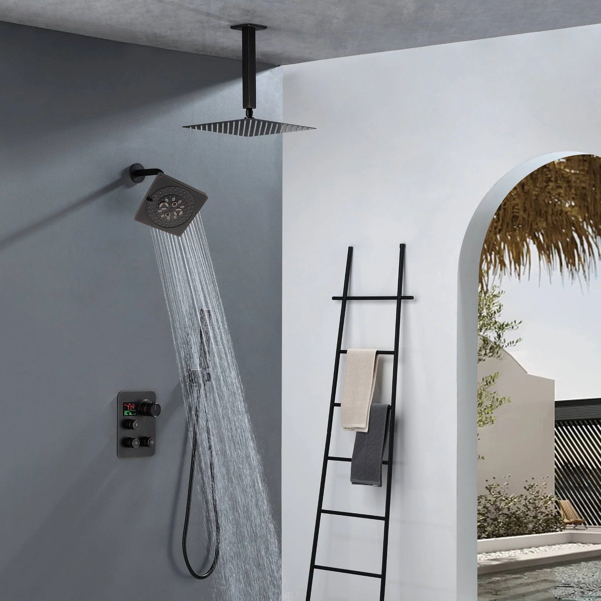 Oil Rubbed Bronze 3-Way Thermostatic Shower Faucet System with Ceiling-Mounted 12-Inch or 16-Inch Non-LED Rainfall Shower Head and Wall-Mounted 6-Inch High Water Pressure Regular Shower Head - Image 3