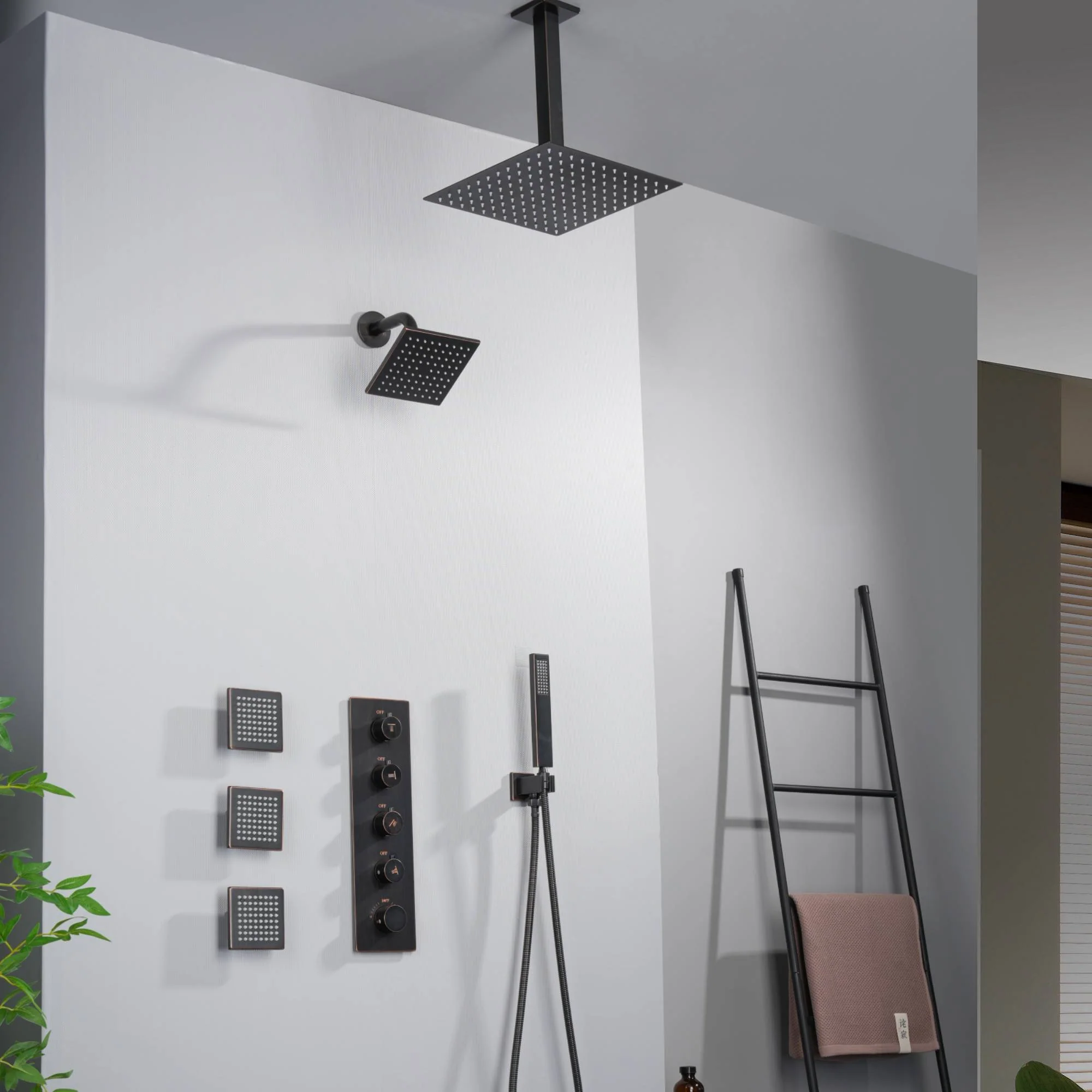 Oil Rubbed Bronze Ceiling Mount Rainfall Shower Head with 4-Way Thermostatic System, Body Jets, and High Water Pressure Wall Mount Shower Head