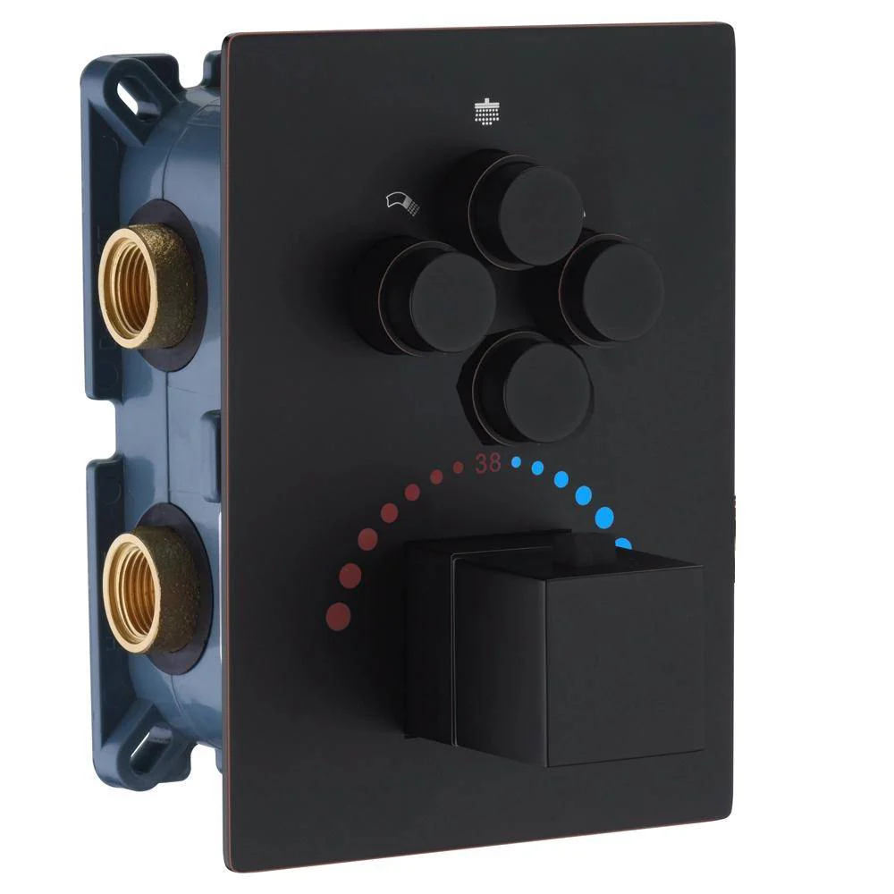 12-Inch Or 16 inch Non-LED Oil Rubbed Bronze (ORB) Ceiling-Mounted 4-Way Thermostatic Valve with Wall-Mounted 12-Inch Rain Head, Body Jets, and Dual Functionality - Image 6