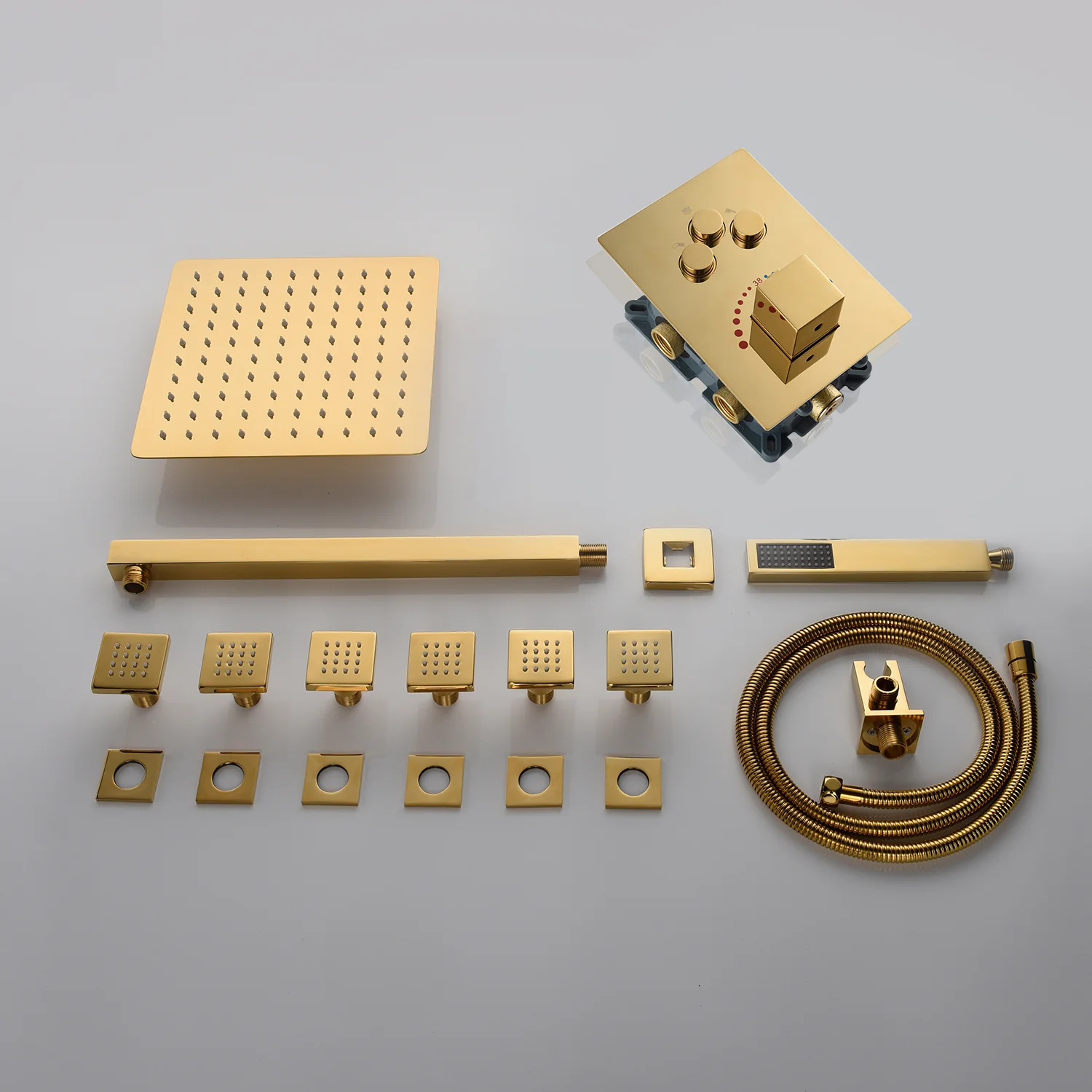 12-Inch or 16-Inch Wall-Mounted Polished Gold 3-Way Thermostatic Shower System with Optional LED Light - Multi-Function Simultaneous and Separate Operation - Image 15