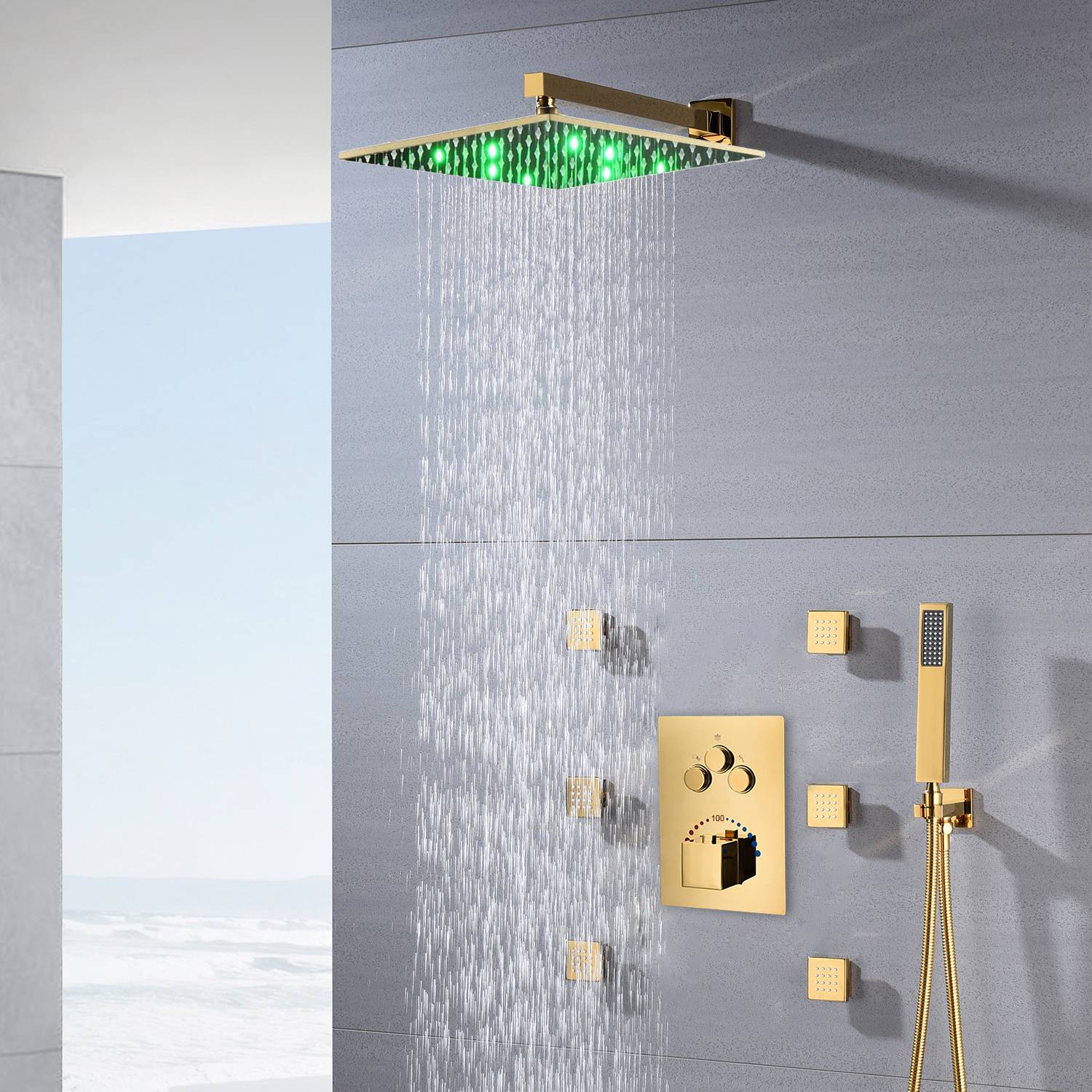 12-Inch or 16-Inch Wall-Mounted Polished Gold 3-Way Thermostatic Shower System with Optional LED Light - Multi-Function Simultaneous and Separate Operation - Image 3