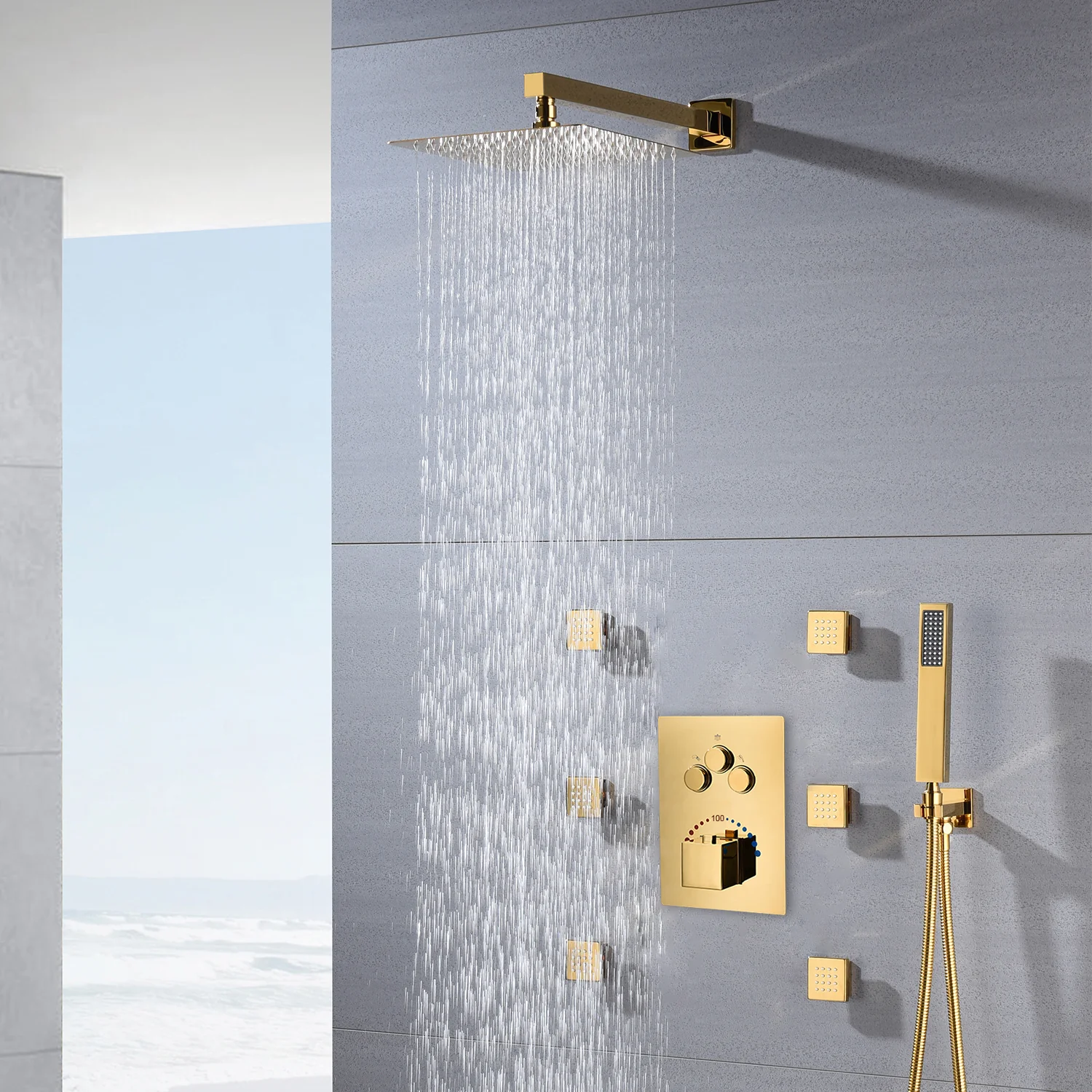 12-Inch or 16-Inch Wall-Mounted Polished Gold 3-Way Thermostatic Shower System with Optional LED Light - Multi-Function Simultaneous and Separate Operation - Image 4