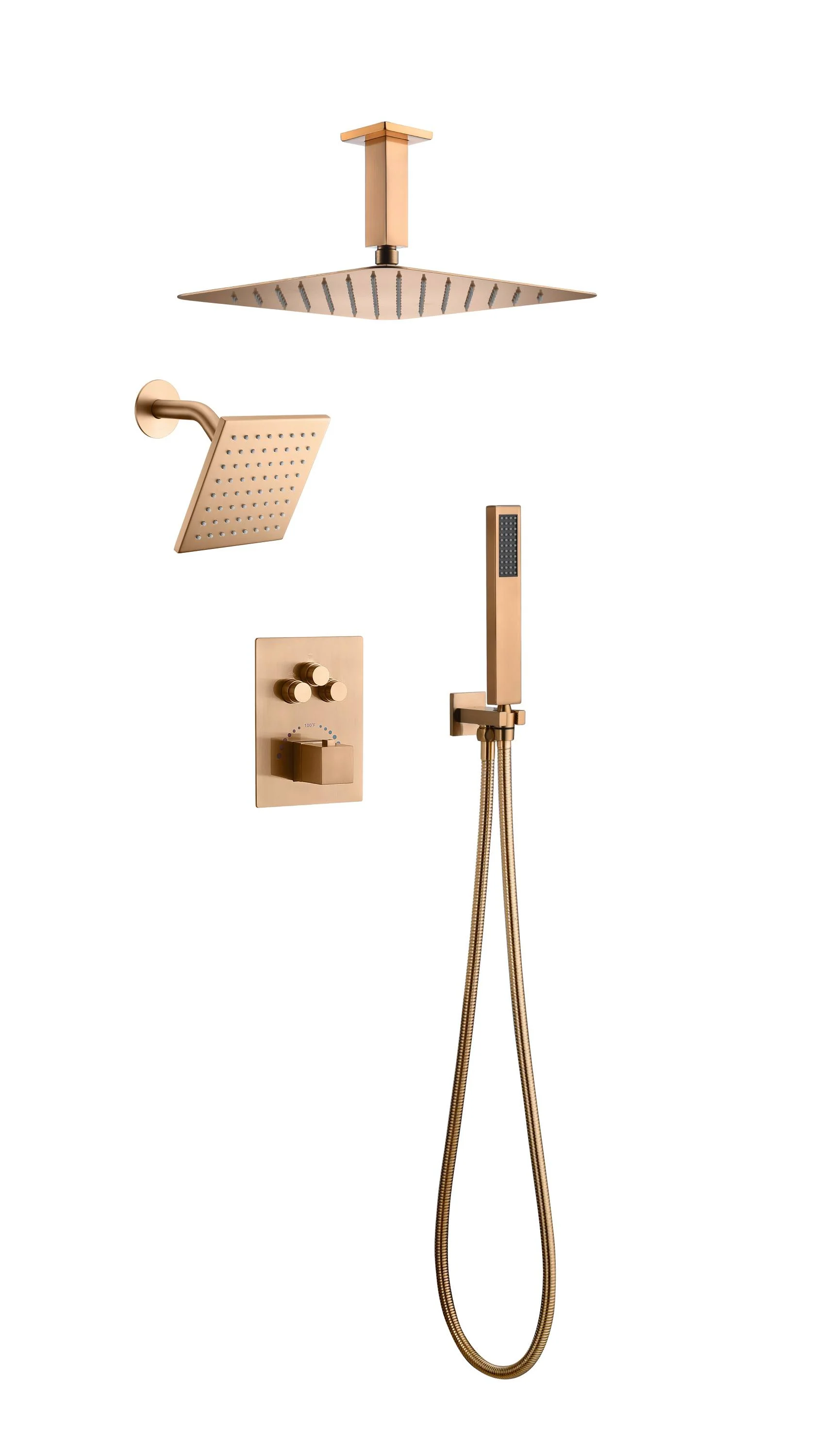 Luxurious Rose Gold 3-Way Thermostatic Shower System | 6-Inch Regular High-Pressure Shower Head | 12-Inch Ceiling Mount Rainfall Shower Head - Image 4