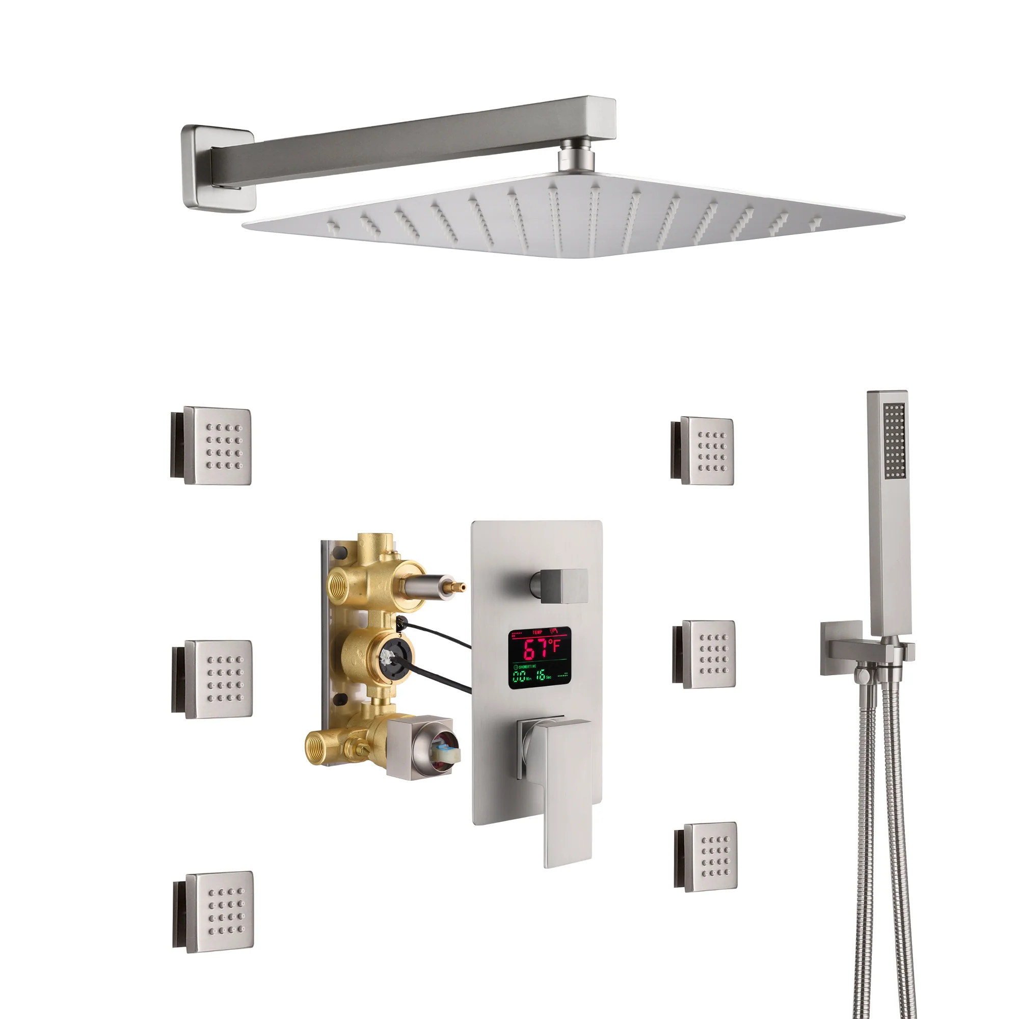 Brushed nickel wall mounted 3 function rain showers system digital display anti-scald rough in valve with 6 body jets - Image 3