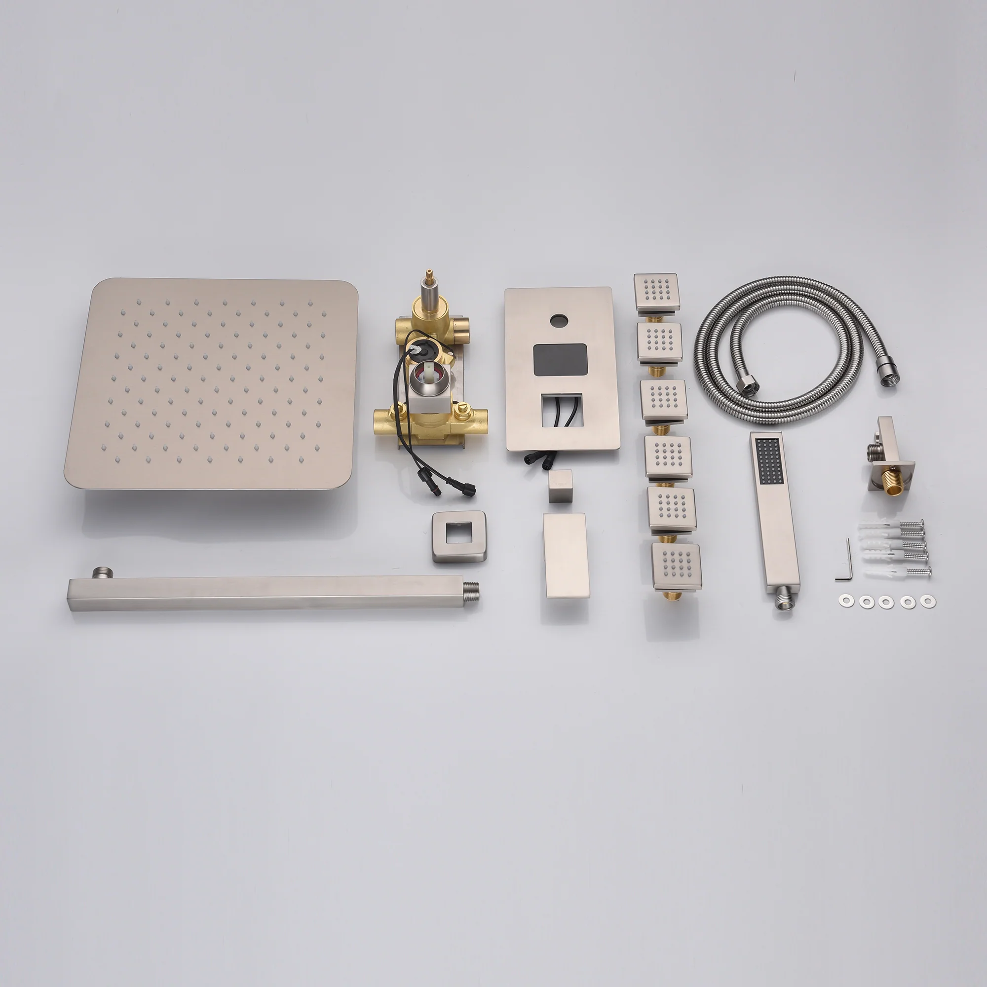 Brushed nickel wall mounted 3 function rain showers system digital display anti-scald rough in valve with 6 body jets - Image 6