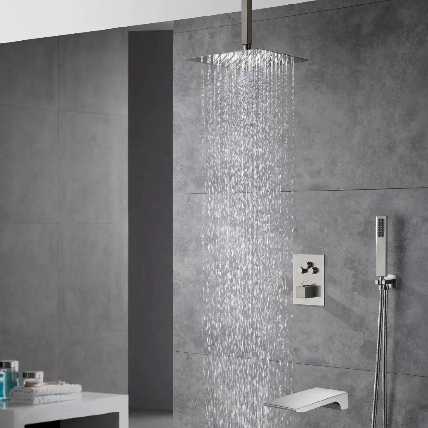 Brushed nickel Ceiling mount Brushed gold 3 way Thermostatic Shower valve system with tub spout that each function run all together and separately - Image 3