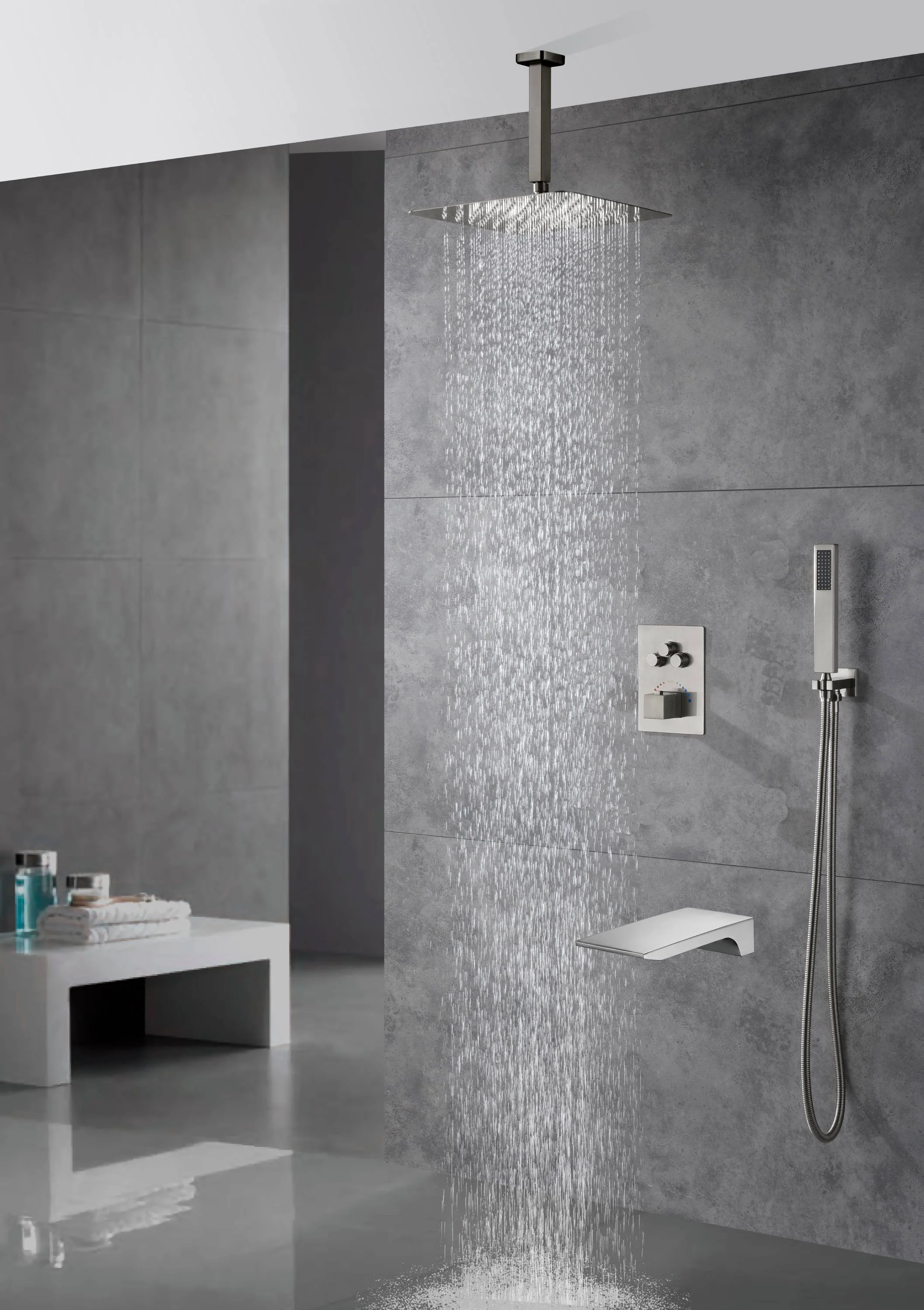 Brushed nickel Ceiling mount Brushed gold 3 way Thermostatic Shower valve system with tub spout that each function run all together and separately - Image 4